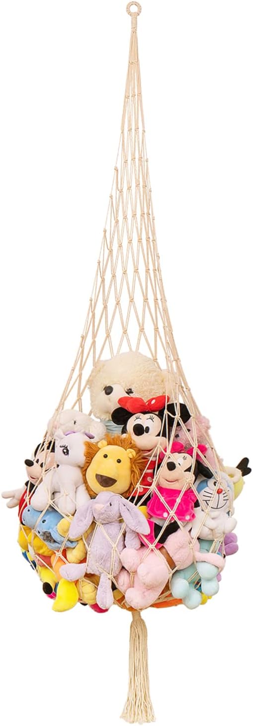 Novel Stuffed animal Net or Hammock Macrame Plush Toy Display- One Hook Only! Convenient for Corners, Walls and Ceiling Hanging Net, Teddy Net Storage Hammock