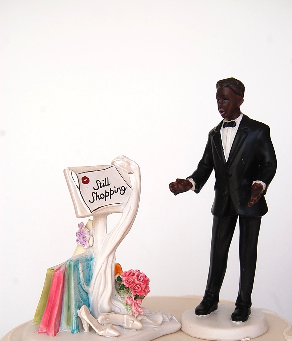 Dreamwedding-Uk Black Groom Shopping Bride And Surprised Humorous Figurine Wedding Cake, Artificial Resin, Topper 11