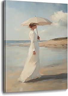 Beach Wall Art Coastal Woman Canvas Painting Ocean Seascape Decor Pictur...
