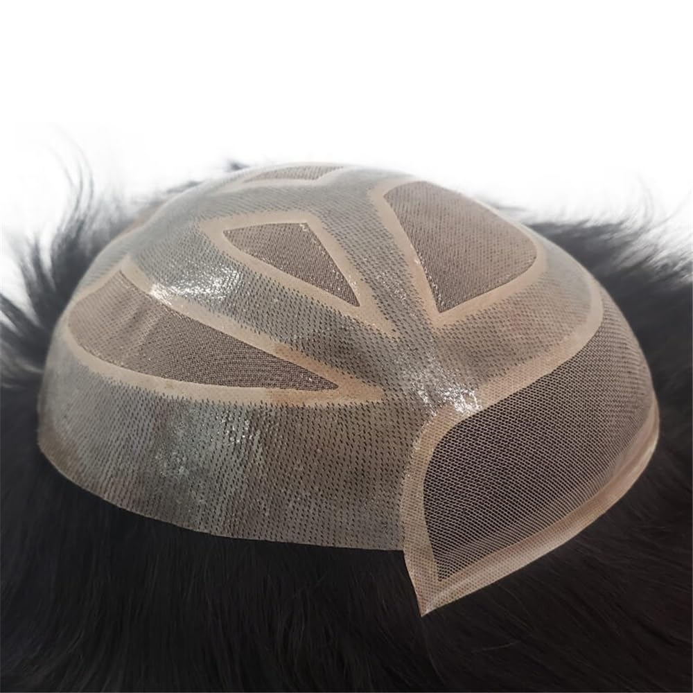 Men's Toupee Parrucca da uomo in capelli umani, traspirante, mono superiore, con perimetro in PU, frontale in pizzo svizzero(2#,6x9)