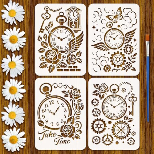 FINGERINSPIRE 4Styles Vintage Gears Clocks Stencils with a Brush 11.7x8.3Inch 4 Styles Creative Clocks Painting Stencils Wings Rose Flowers Words Keys PET Template for Wood Floor Wall Tile Fabric