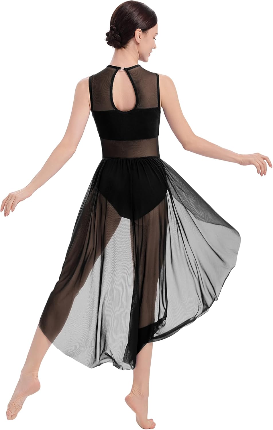 IBAKOM Women Lyrical Dance Costume Sheer Neck Sequins Leotard with High-Low Flowy Chiffon Skirt Contemporary Dance Outfits