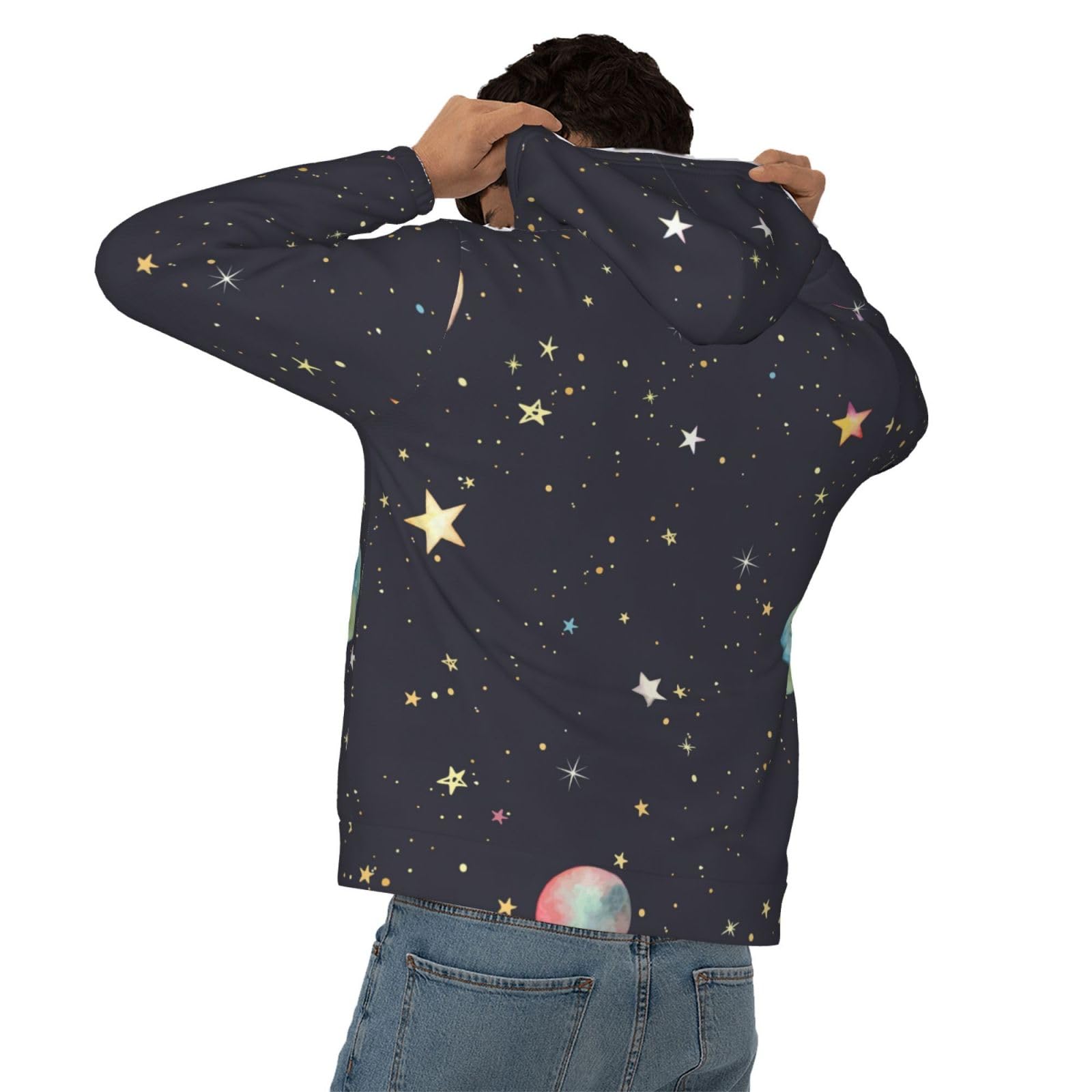 Męska bluza z kapturem z nadrukiem Galaxy, casualowa grafika z nadrukiem bluzy z kapturem z kieszenią