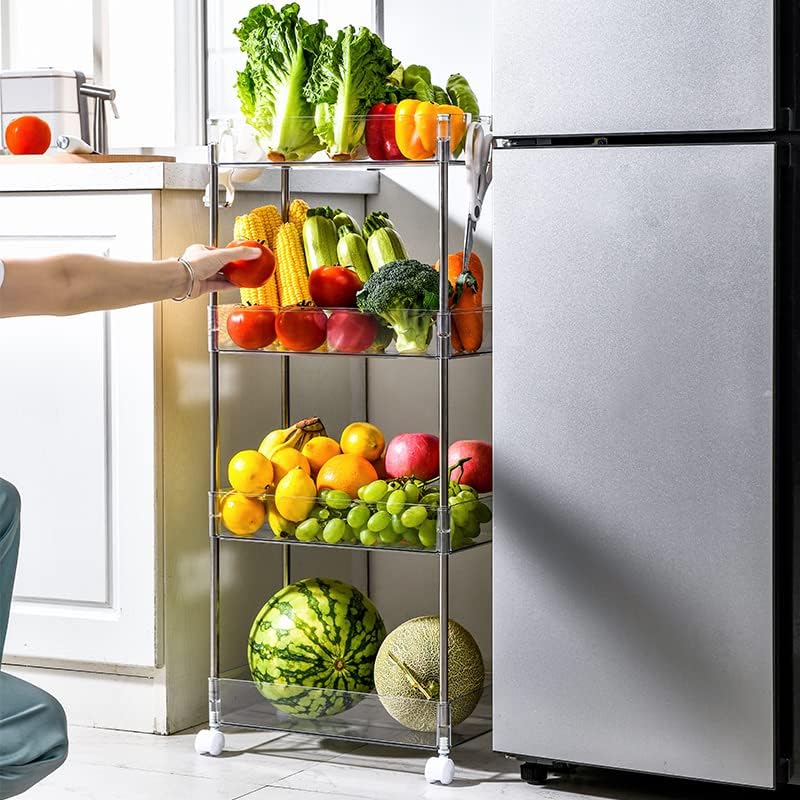 Chris.W Slim Storage Cart 4 Tier with Wheels, Clear Bathroom Cart Organizer, Mobile Shelving Unit Rolling Utility Cart, Slide Out Organizer for Kitchen, Bathroom, Laundry, Narrow Places, Office- 5.2"W