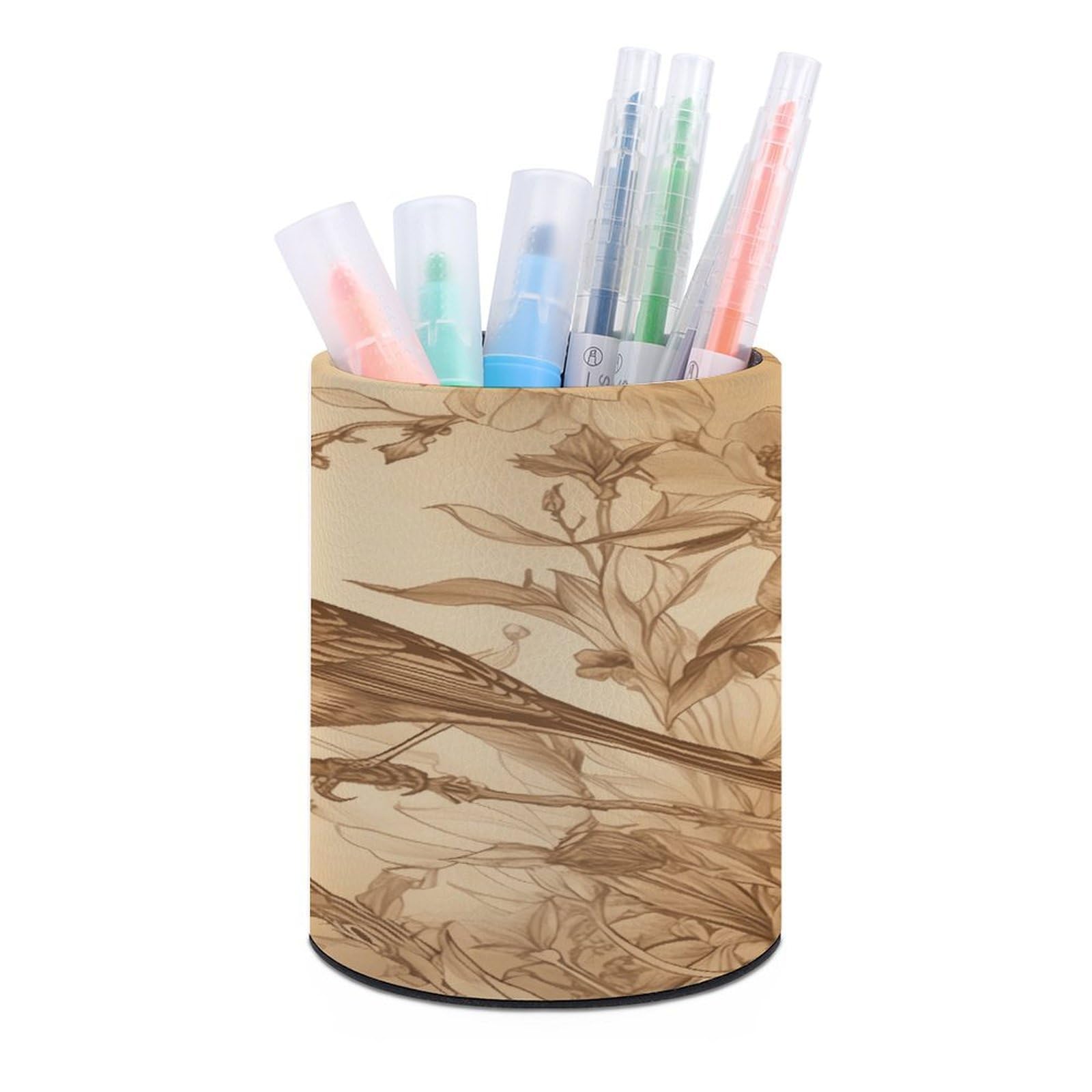 VstaDank - Bird in Field Pen Holder Round Pen Holder Pencil Holder PU Leather Desk Organizer Stand for Desk Desk Decor Desk
