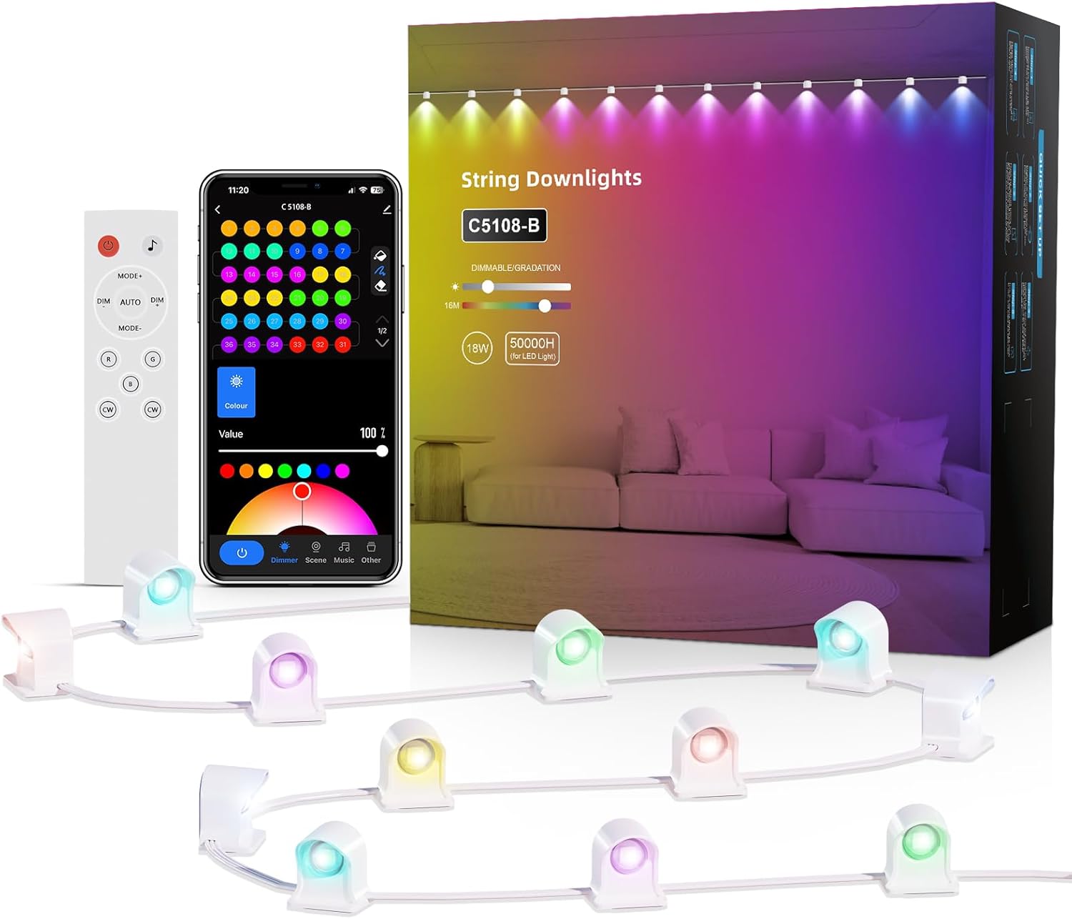 Smart RGB String Downlights, 30ft with 30 LED Smart LED String Lights Works with Alexa/Google, 111 Scene Modes, Color Changing Indoor Wall Light Fixture for Party, Children's room, Music Sync, White