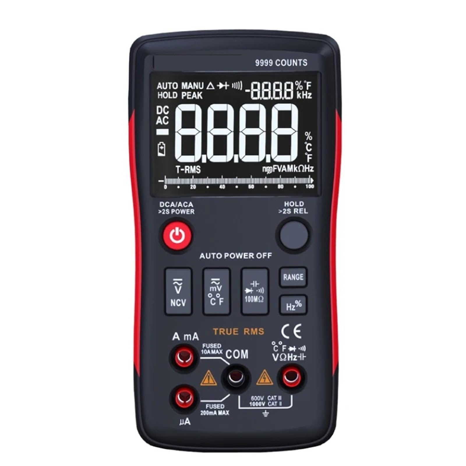 Multimetro Digital, Multímetro digital de botón, 9999 cuentas, gráfico de barras analógico, voltaje CA/CC, amperímetro, corriente, ohmios, automático/manual.