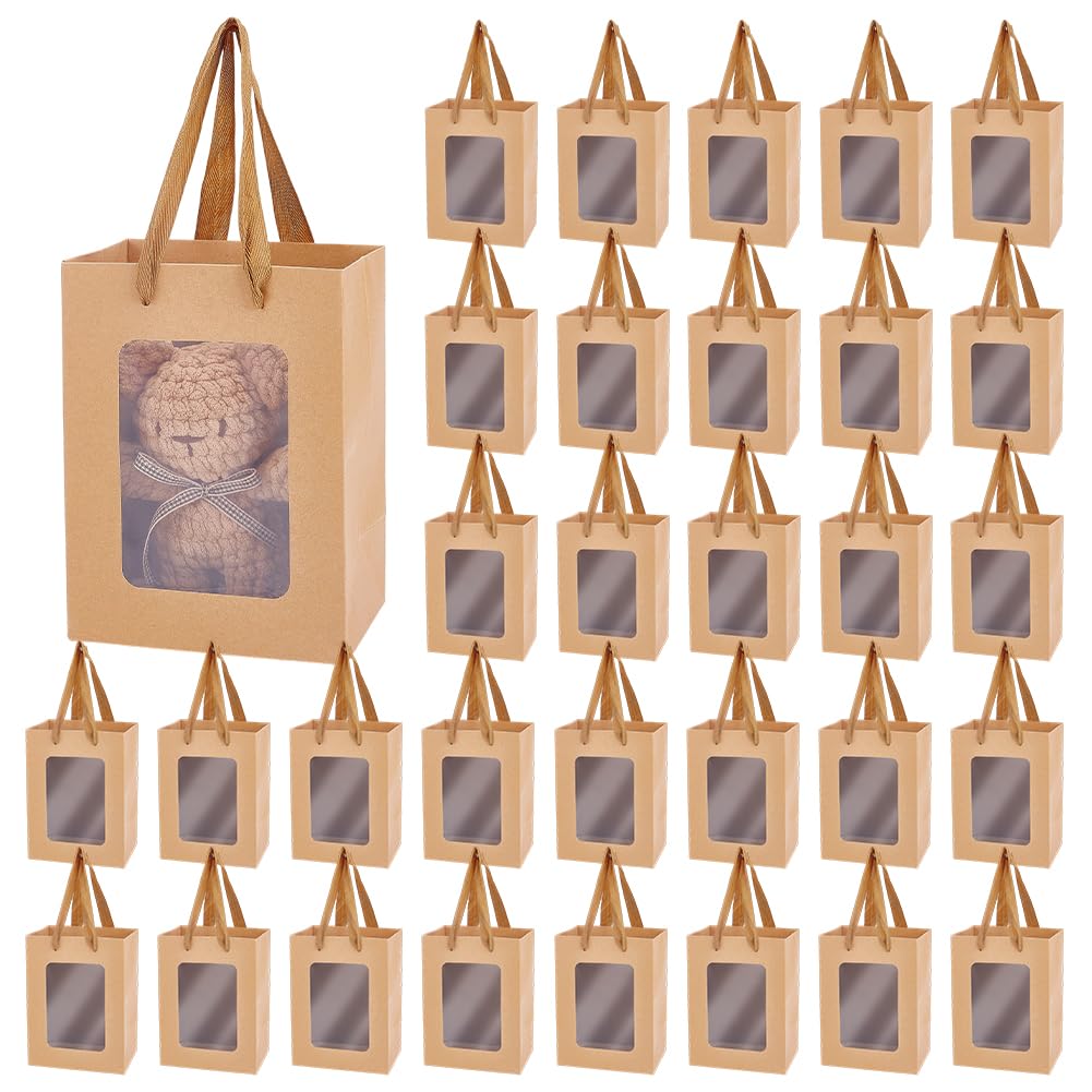 OLYCRAFT 50 Packs Brown Clear Window Present Bags Kraft Paper Bag with Clear Window 10.3x15x19.9cm Kraft Shopping Bags with Handles for Packaging Wedding Christmas Party Store Retail