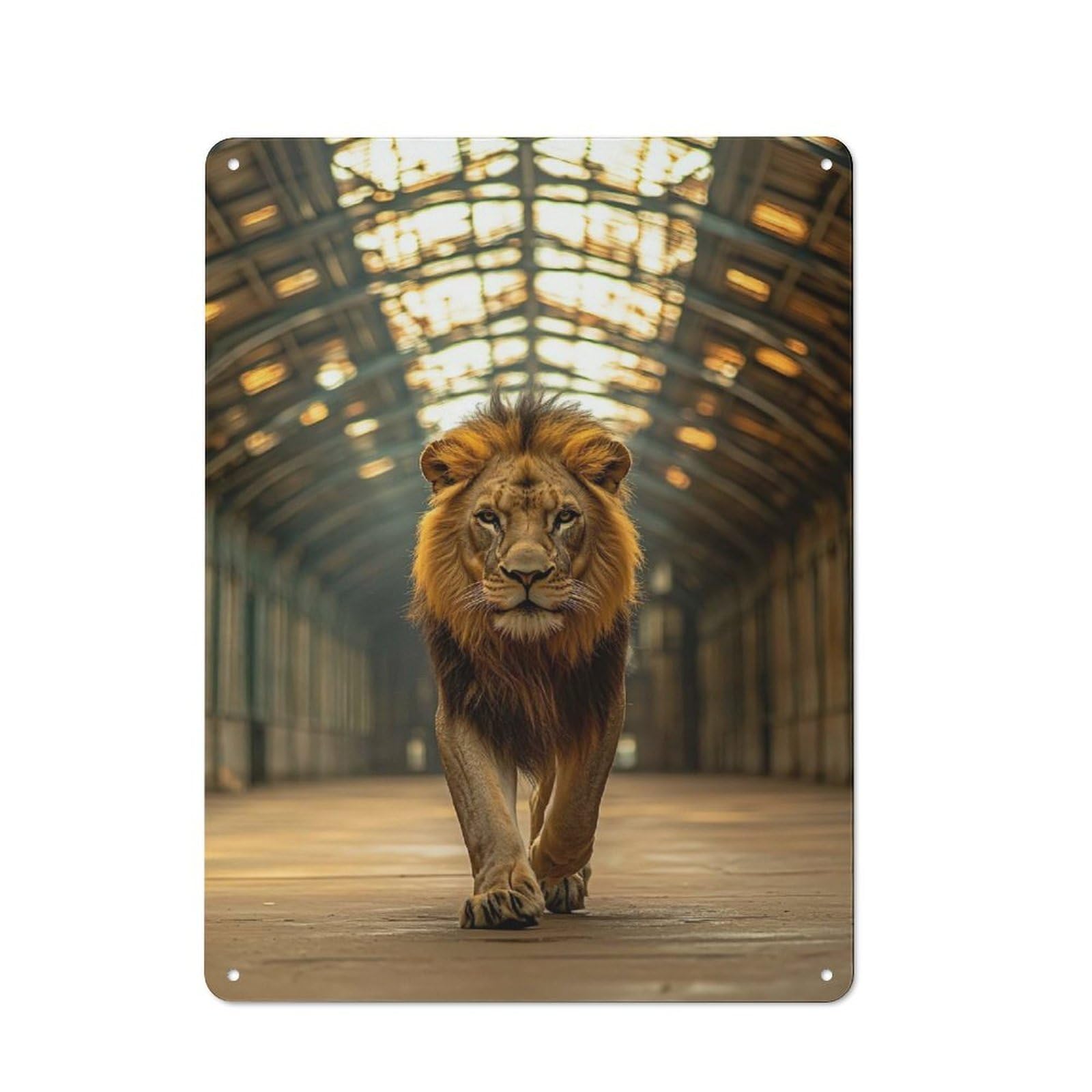 Lion Walking in Tunnel Workshop Style Metal Wall Decor 40x30cm, Decorative Metal Plaque for Garage, Workshop, Shed Or Utility Room