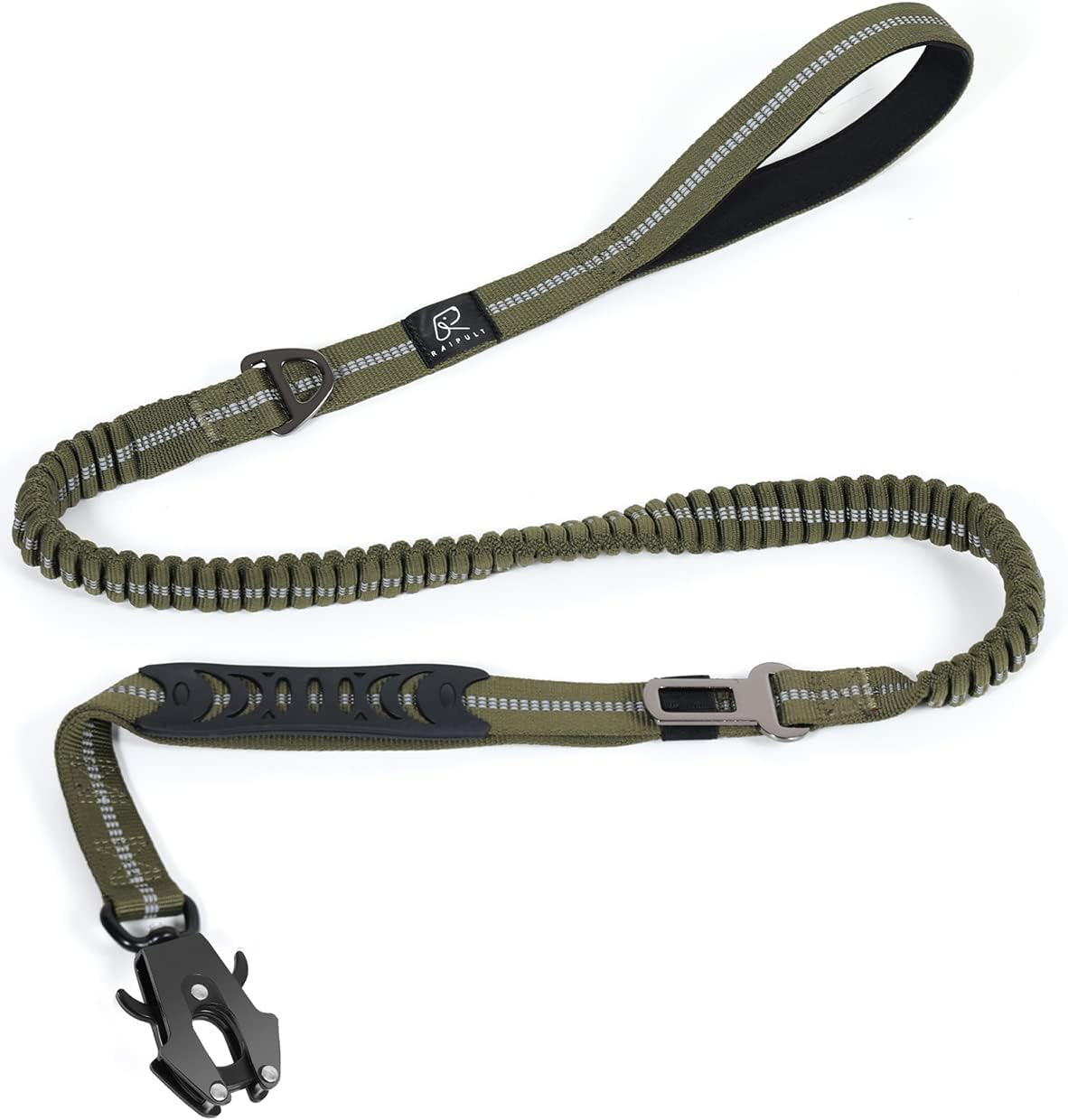 Raipult Tactical Dog Leash Heavy Duty, 4-6FT Shock Absorbing Bungee Leash with Quick Release Clip& 2 Handles, No Pull Waking Lead with Car Seatbelt for Medium Large Dogs that Pull,Green