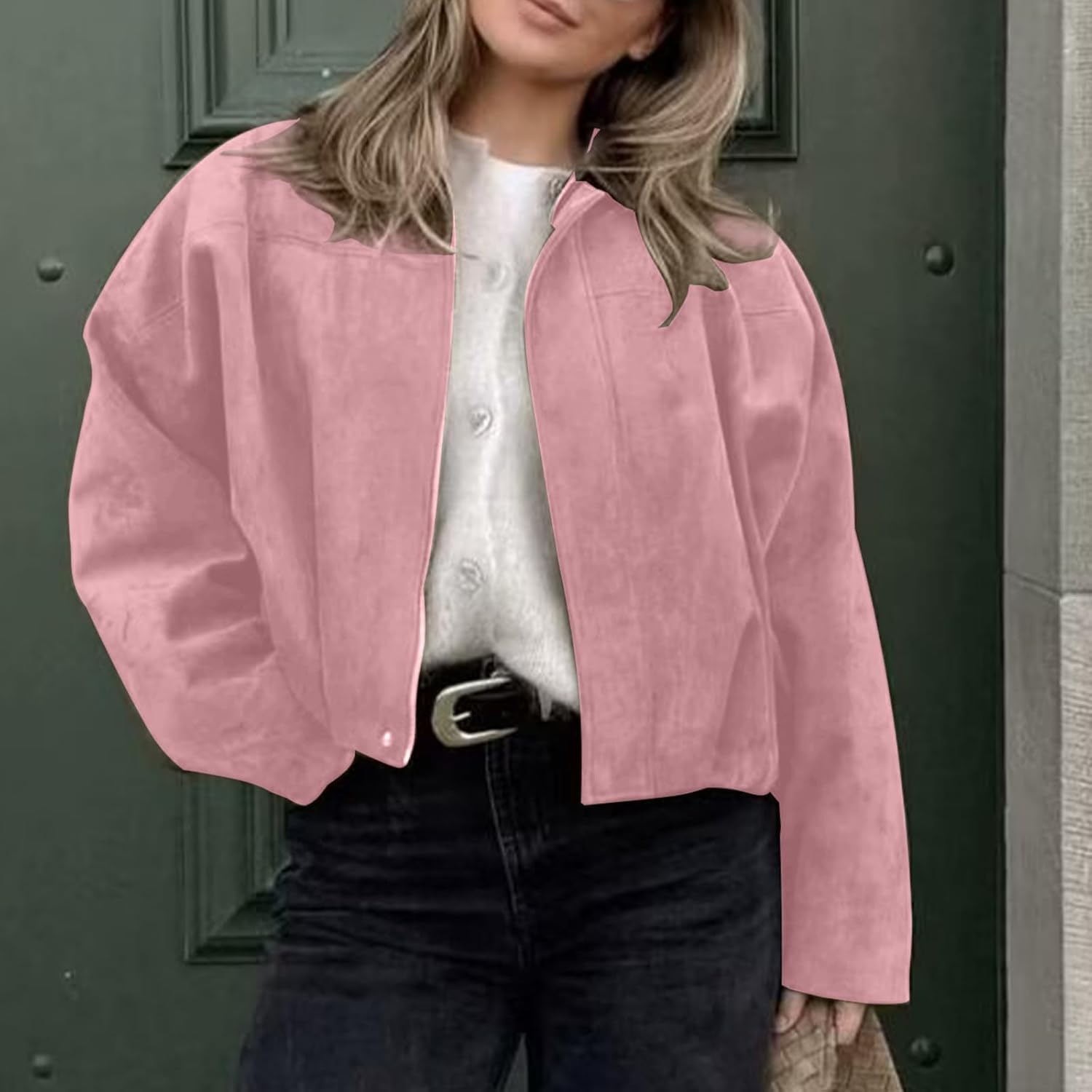 WOWULOVELY Women's Faux Suede Bomber Jacket Lapel Pilot Pocket Coat Casual Oversized Long Dolman Sleeves Trendy Streetwear - Image 5