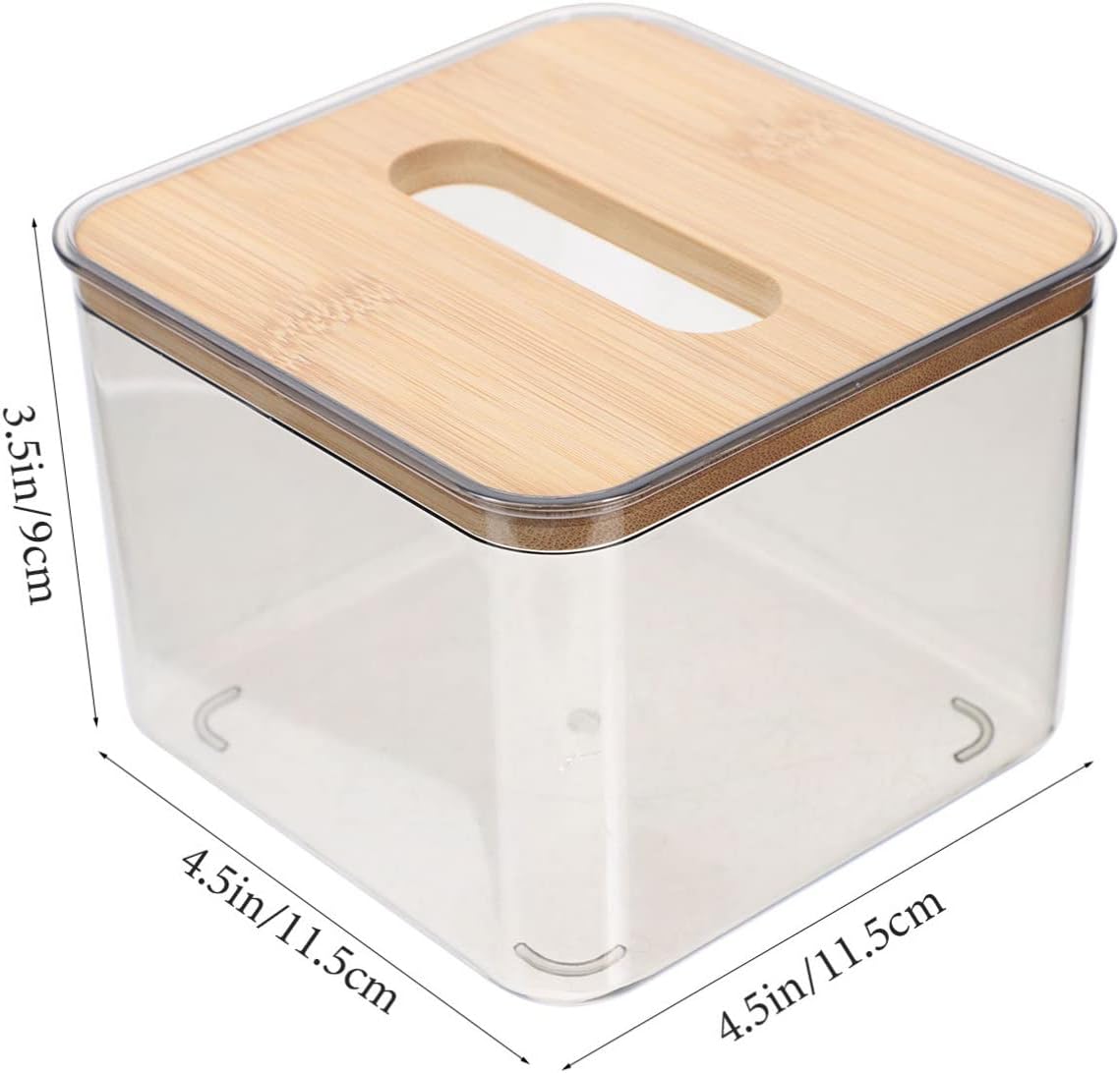 Beavorty Napkin Box Tissue Cube Cover with Bamboo Lid Clear Pet Material for Car Desktop Paper Tissue Holder Compact Size 4.52X4.52X3.54In