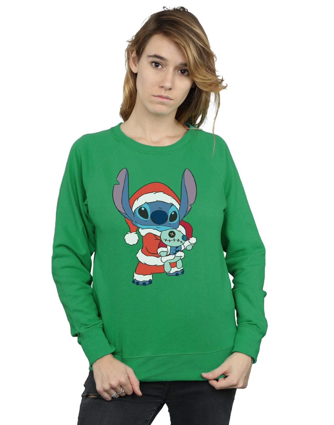 Disney Lilo & Stitch Christmas Sweatshirt Green Cotton Polyester Crew Neck XL