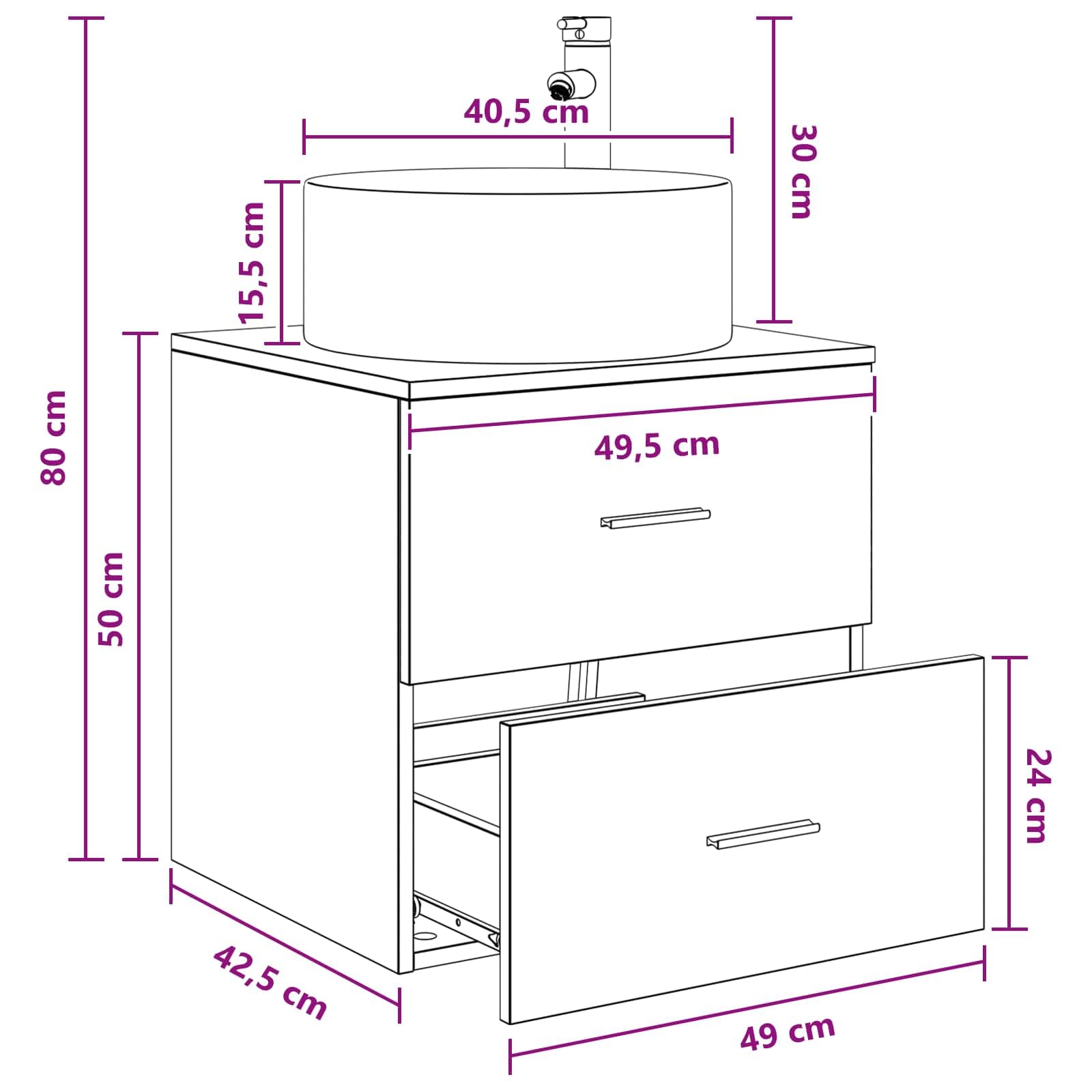 Lavabo montado en la pared con armario bajo madera envejecida, 49,5 x 44,5 x 65,5 cm, armario de baño colgante con 2 cajones para baño pequeño y aseo de invitados