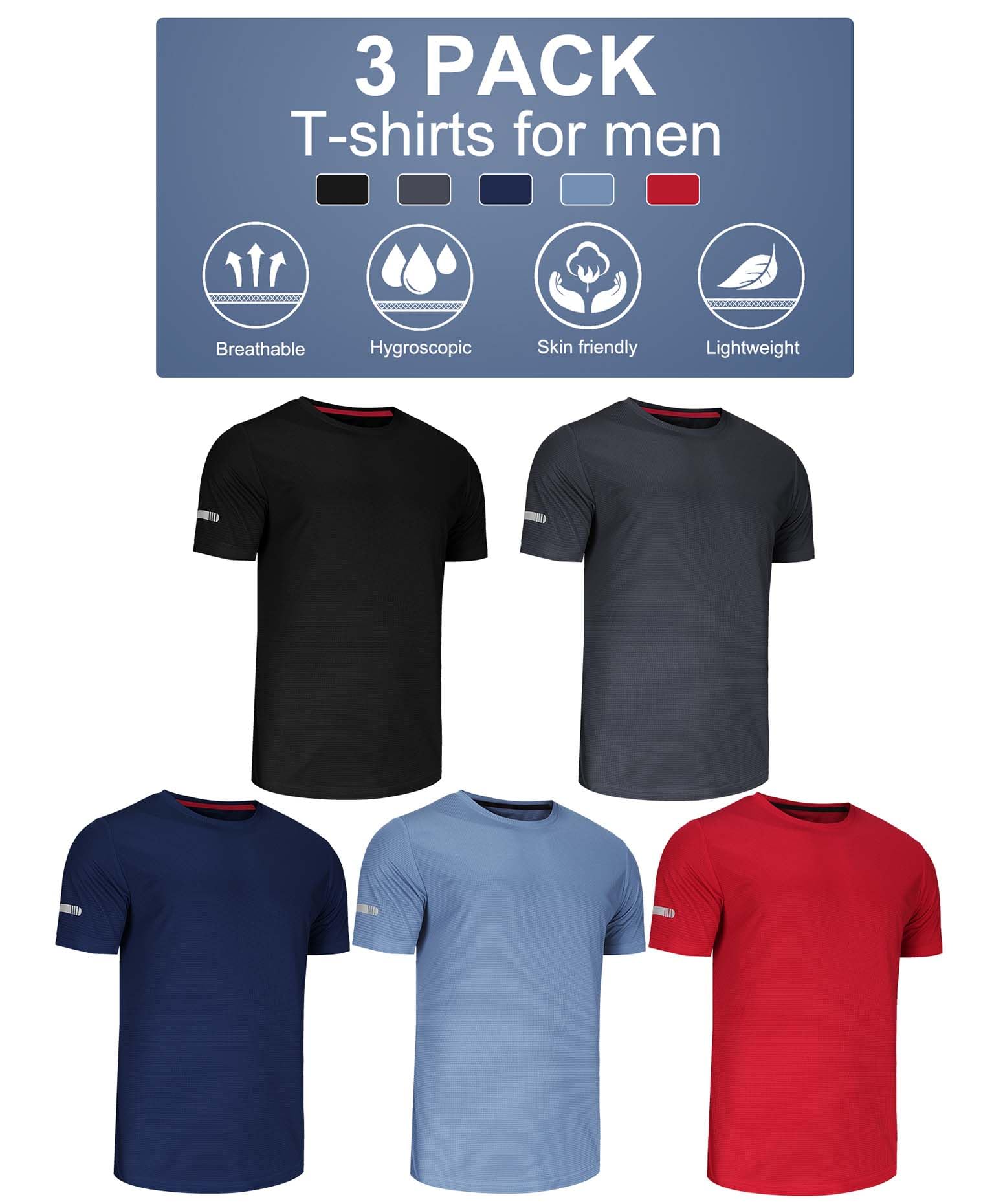 5 Pack Running Shirts Men Sport Tops Dry Fit Gym Shirt Athletic T Shirts Breathable Workout Shirts Work Shirt Mens Running Top Quick Dry Hiking T Shirts-Black/Grey/Navy/Haze/Red-XXL