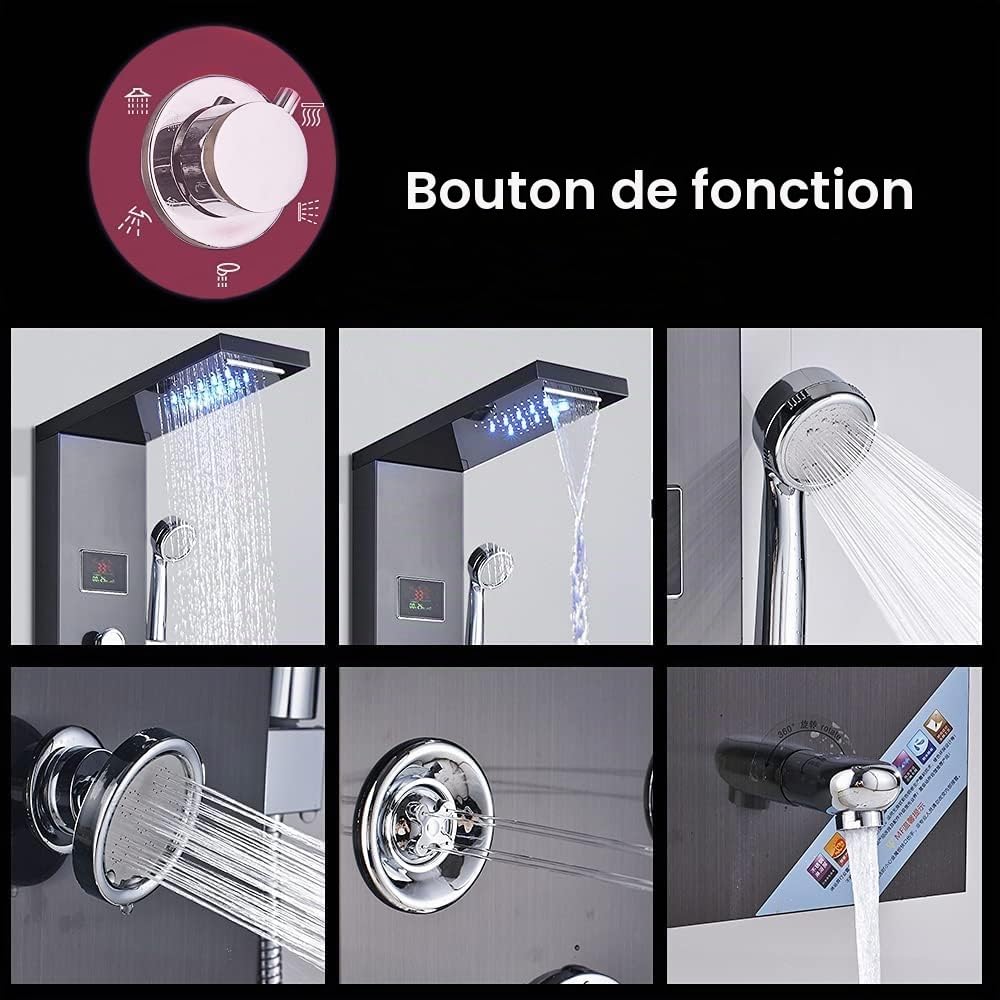 LED Colonne de douche hydromassage en acier inoxydable 304 avec mitigeur de massage, pomme de douche fixe, douche et bouche baignoire 5 fonctions pour salle de bain noire