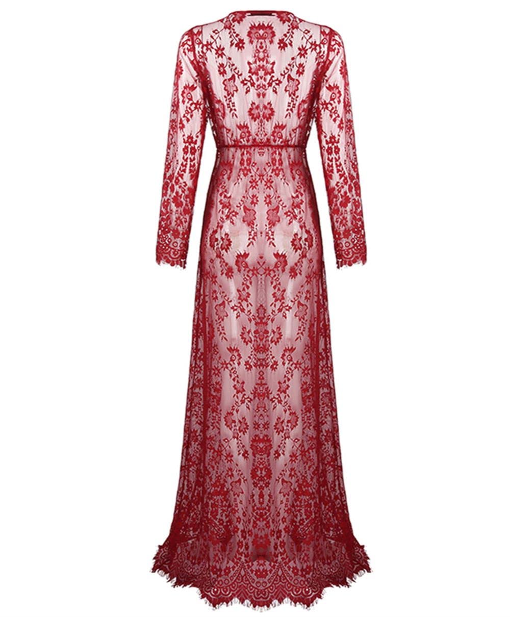 ZIUMUDY Sexy Deep V-Neck Long Sleeve Lace Beach See-Through Maternity Maxi Dress: 4X-Large Wine Red