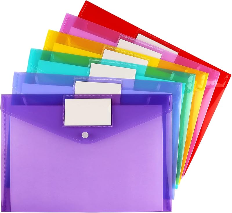 6 Pack Clear Document Folders Plastic Envelopes, A4 Size, 6 Colors | Poly Envelopes File Envelopes with Label Pocket and Snap Button, for Home Work Office Organization