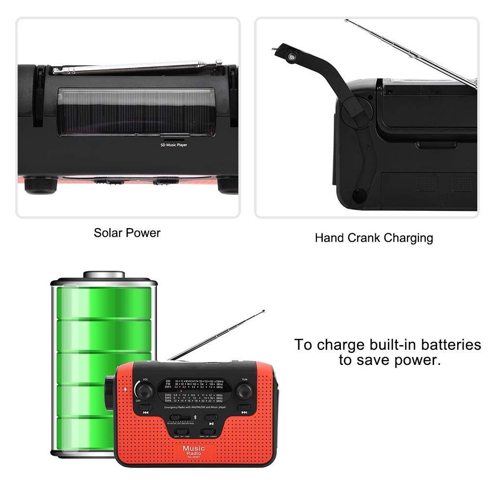 Radio de Emergencia FM/Am/SW, Altavoz de Sonido Manos Libres Bluetooth con cancelación de Ruido de Llamada con Linterna LED, Carga USB, energía de manivela Solar y Manual, Soporte TF Music Play(Rojo)