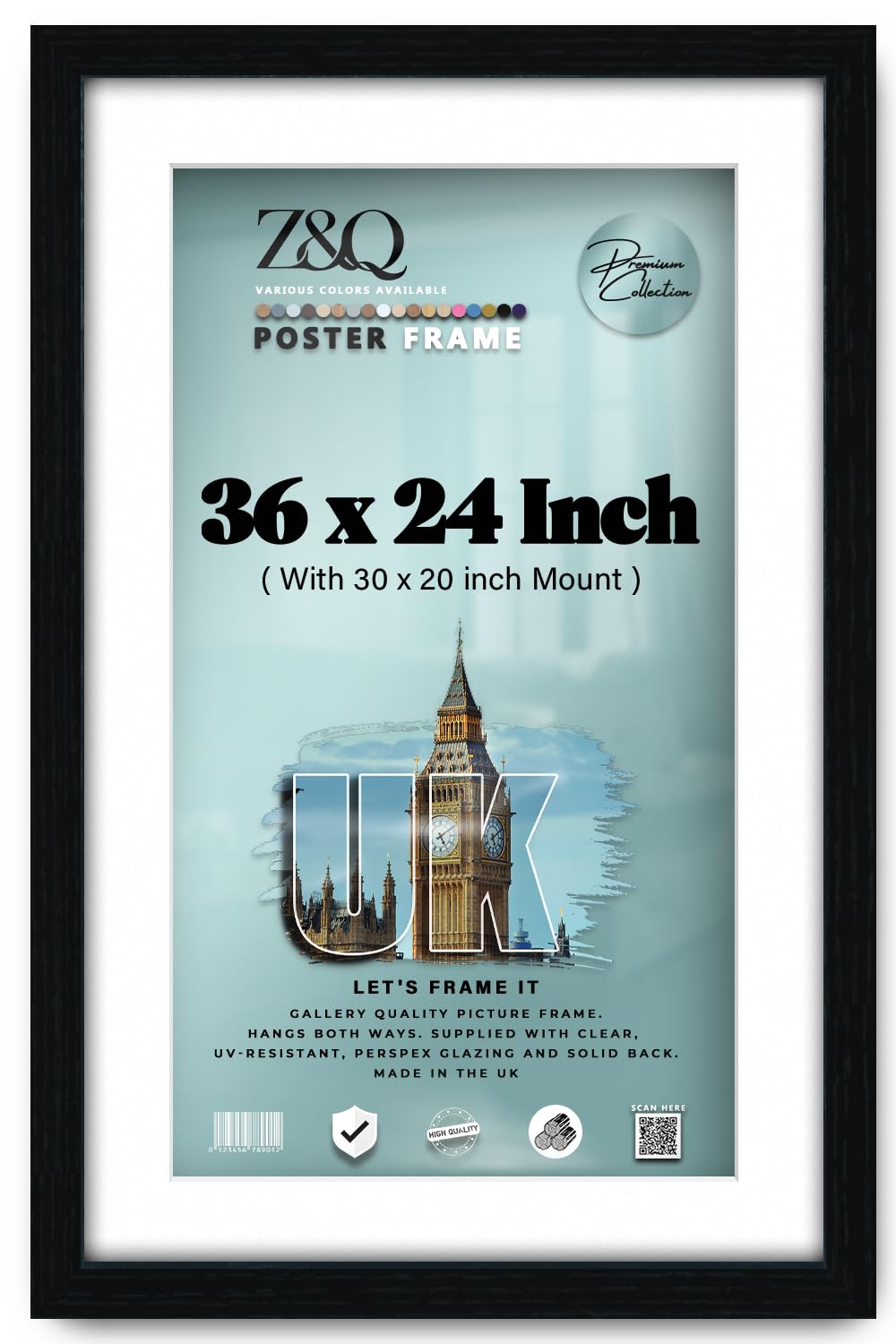 Z&Q Black - Elegant Eton Wood Finish 36 X 24 Inch Poster Frame With 76.20 X 50.80 Cm White Mount For Wall Décor (91.44 X 60.96 Cm) Perfect For Art Display & Family Photo Gallery [ ]