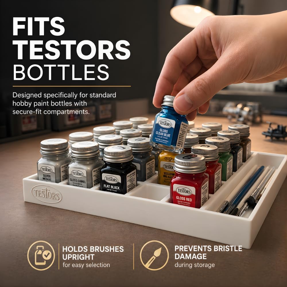 Paint Bottle and Brush Holder Tray for Testors Model Paints – Desktop Organizer Station | Individual Bottle Slots | Freestanding Workspace Caddy for Hobby Painting Supplies