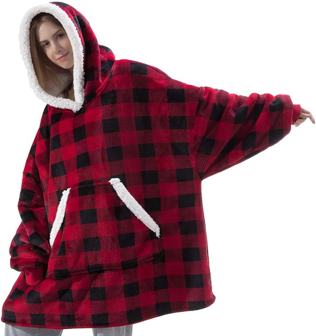 Manooby Oversized Hoodie Sweatshirt Blanket Unisex Fleece Pullover Hoody with Front Pocket Soft Warm Cozy Clothing(B#Red Lattice)