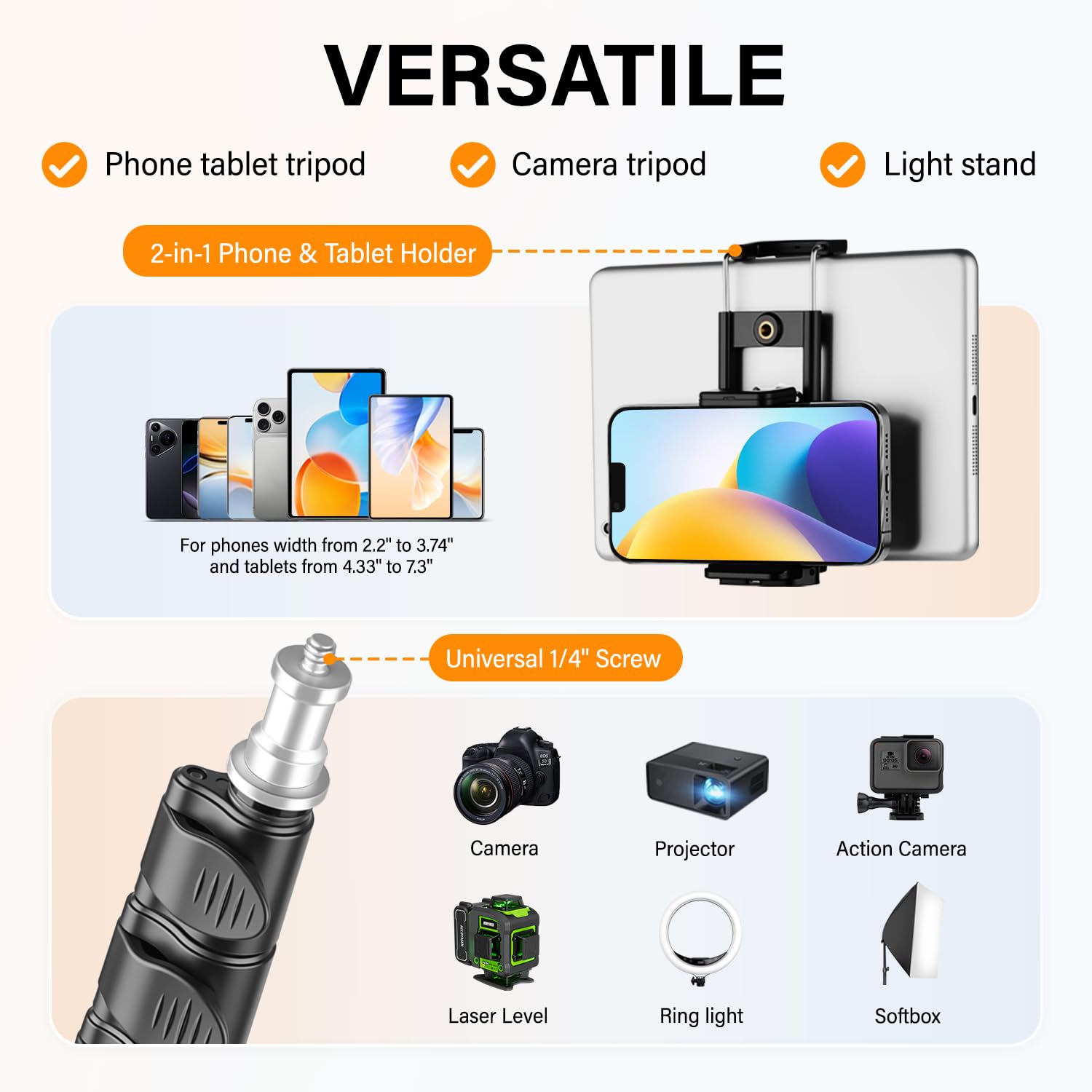 Nineigh 200CM Support de Trepied pour Tablette, Support pour Tablette Réglable en Hauteur Rotation à 360°, Pliable Trépied pour Smartphone, iPad Pro 9.7"/10.5" /11", Mini, Air, DSLR, Nikon Caméra