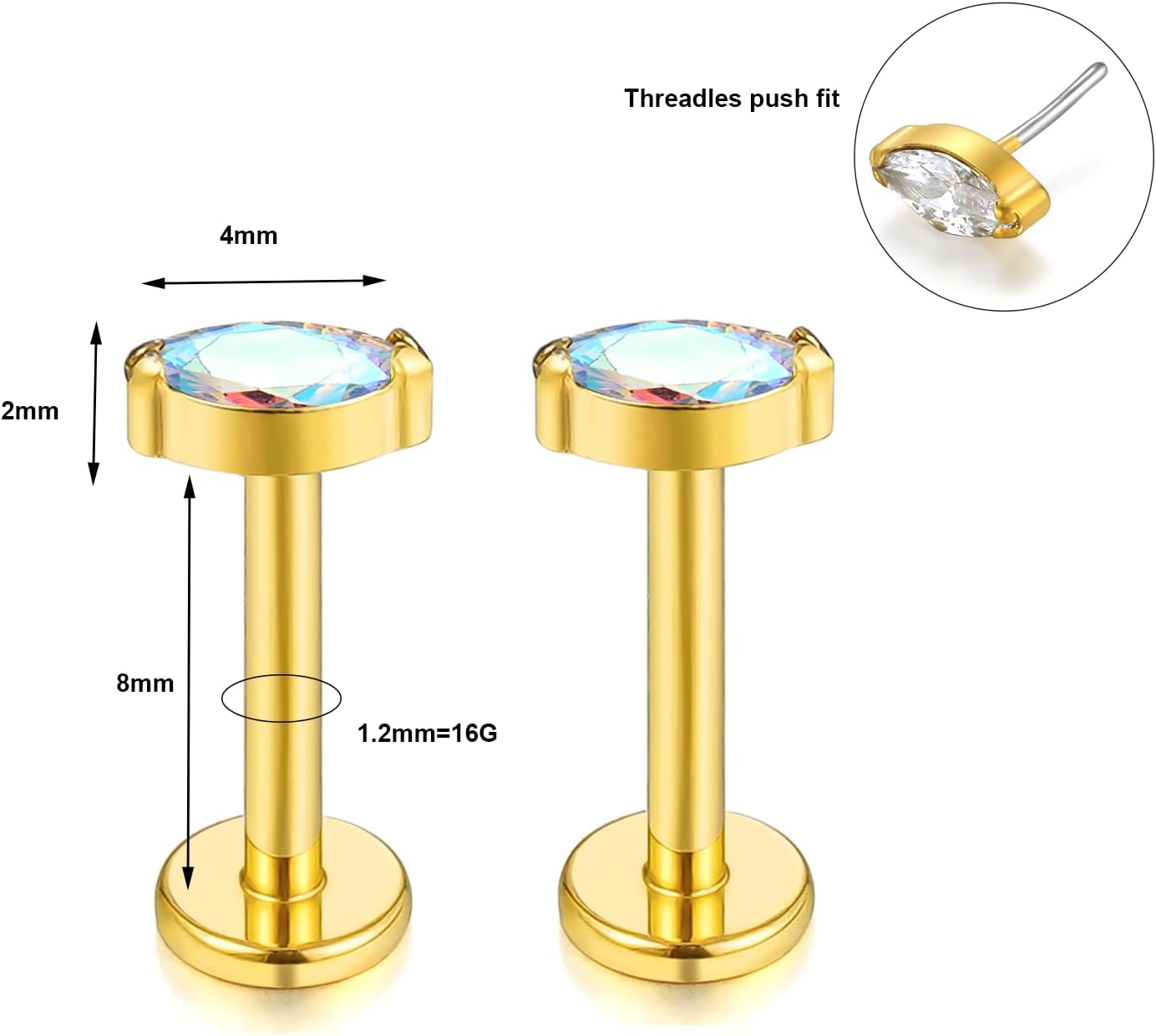 1 pair 16G G23 Titanium Threadless Labret Studs Push-in CZ Labret Lip Cluster Tragus Helix Conch Lobe Rook Cartilage Push Back Sleeper Earring Piercing Jewelry for Men Women - Image 2