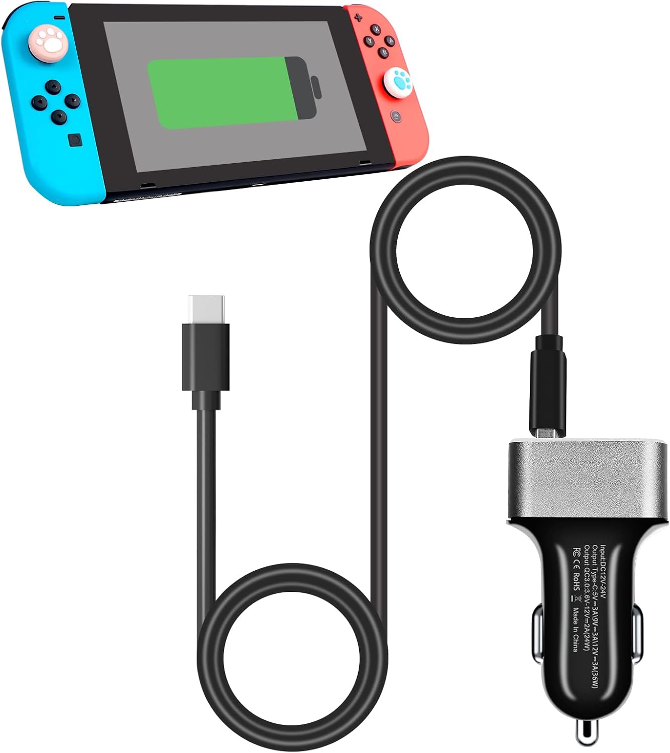 9FT Car Charger for Nintendo Switch PD+QC3.0 Type C 60W