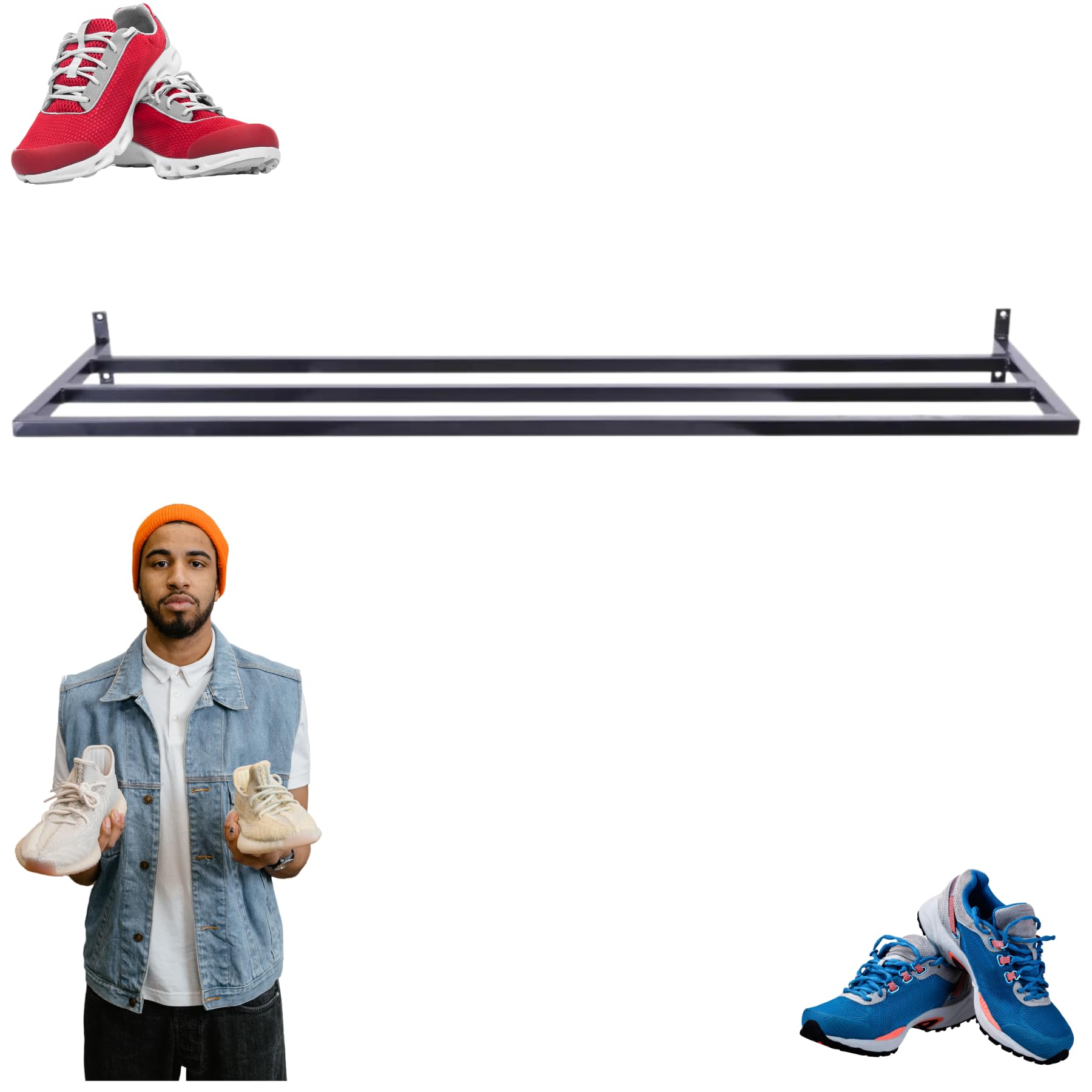 Schuhregal mit 1 Ebenen, Wandmontage, Hängende, Schuh-Organizer, Schuh Wandregal, Schuhablage, für Flur, aus pulverbeschichtetem Stahl, Breite 118 cm Tiefe 33 cm, praktisch und solide verarbeitet