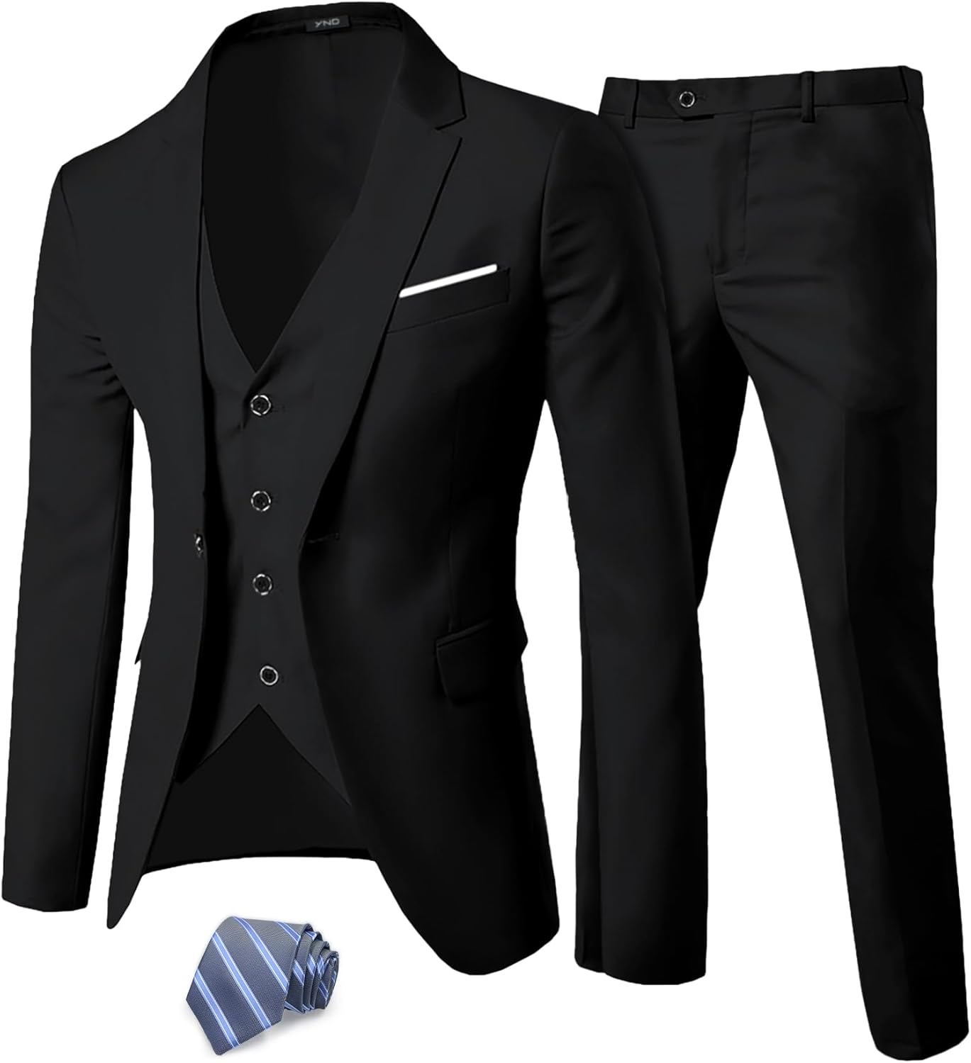YND Men's Slim Fit 3 Piece Suit, One Button Solid Jacket Vest Pants Set with Tie