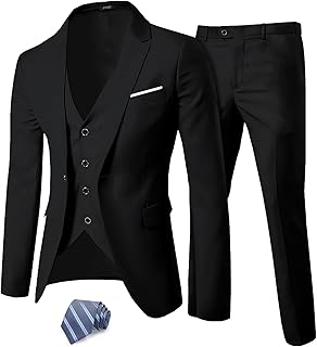 Men's Slim Fit 3 Piece Suit, One Button Solid Jacket Vest Pants Set with Tie