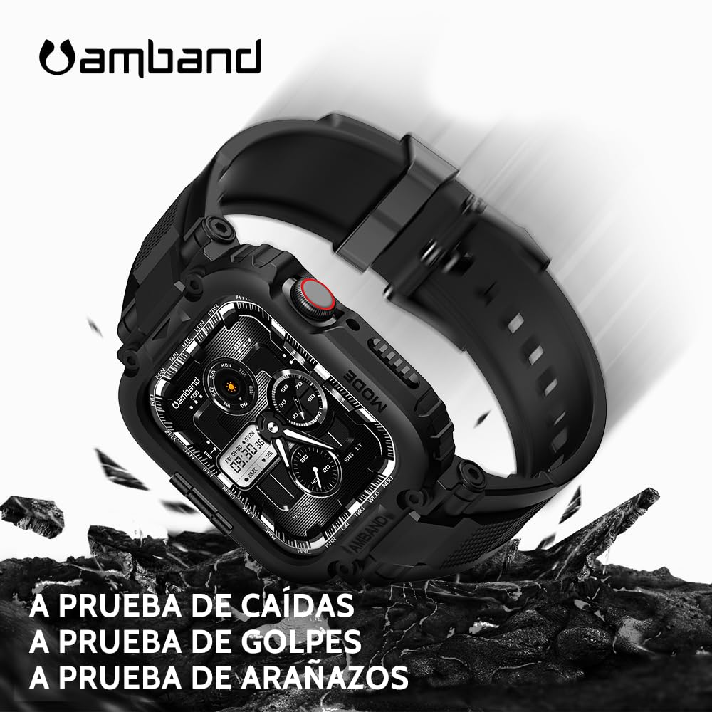 amBand Compatible con Apple Watch Correas 45mm 44mm 42mm Pulsera Protector, M1 Sport Series Resistente Funda con Fanda para Hombre iWatch Series 9/8/7/SE/6/5/4/3/2/1 42/44/45mm Negro