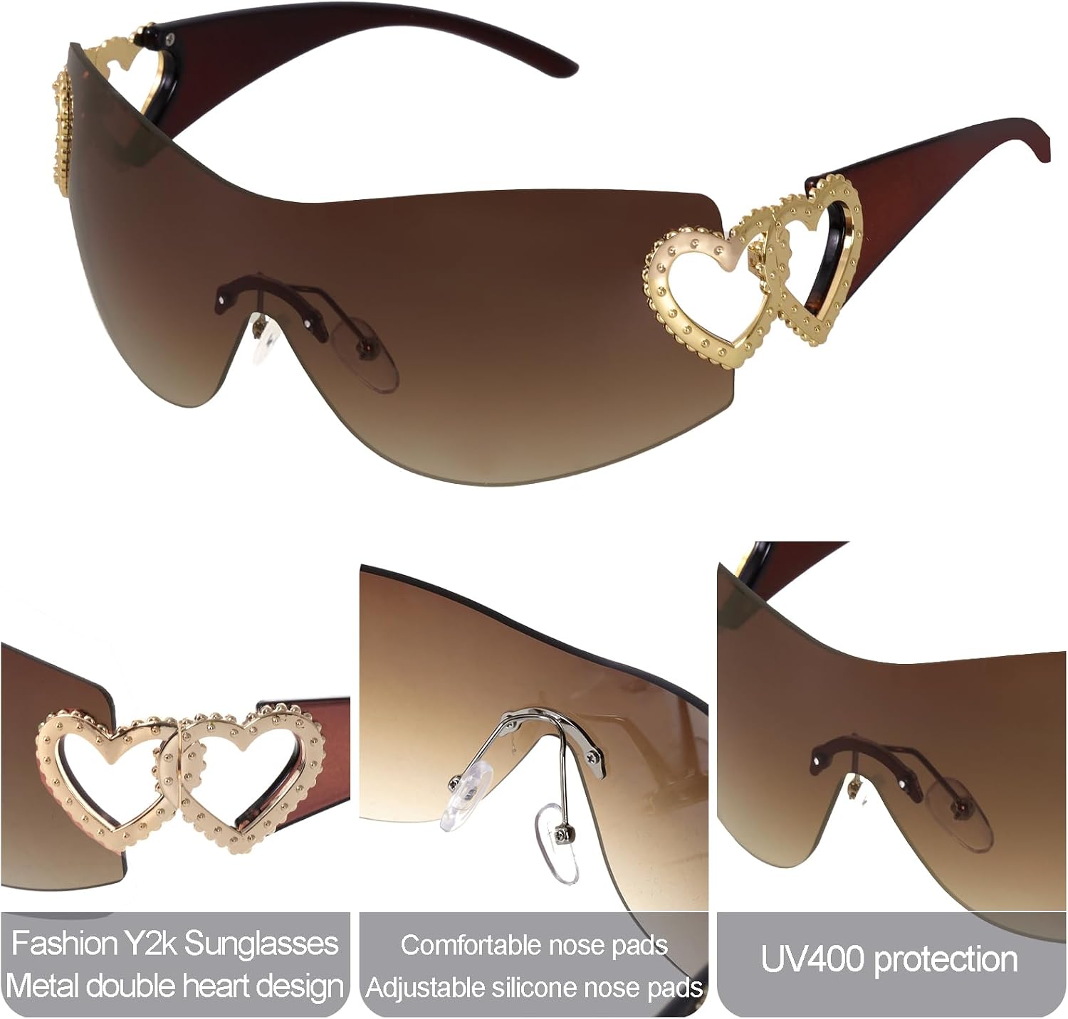 Y2K Wrap Around Rimless Sunglasses Trendy Shield Silver Heart 2000S Fashion Frameless Sun Glasses for Women Men