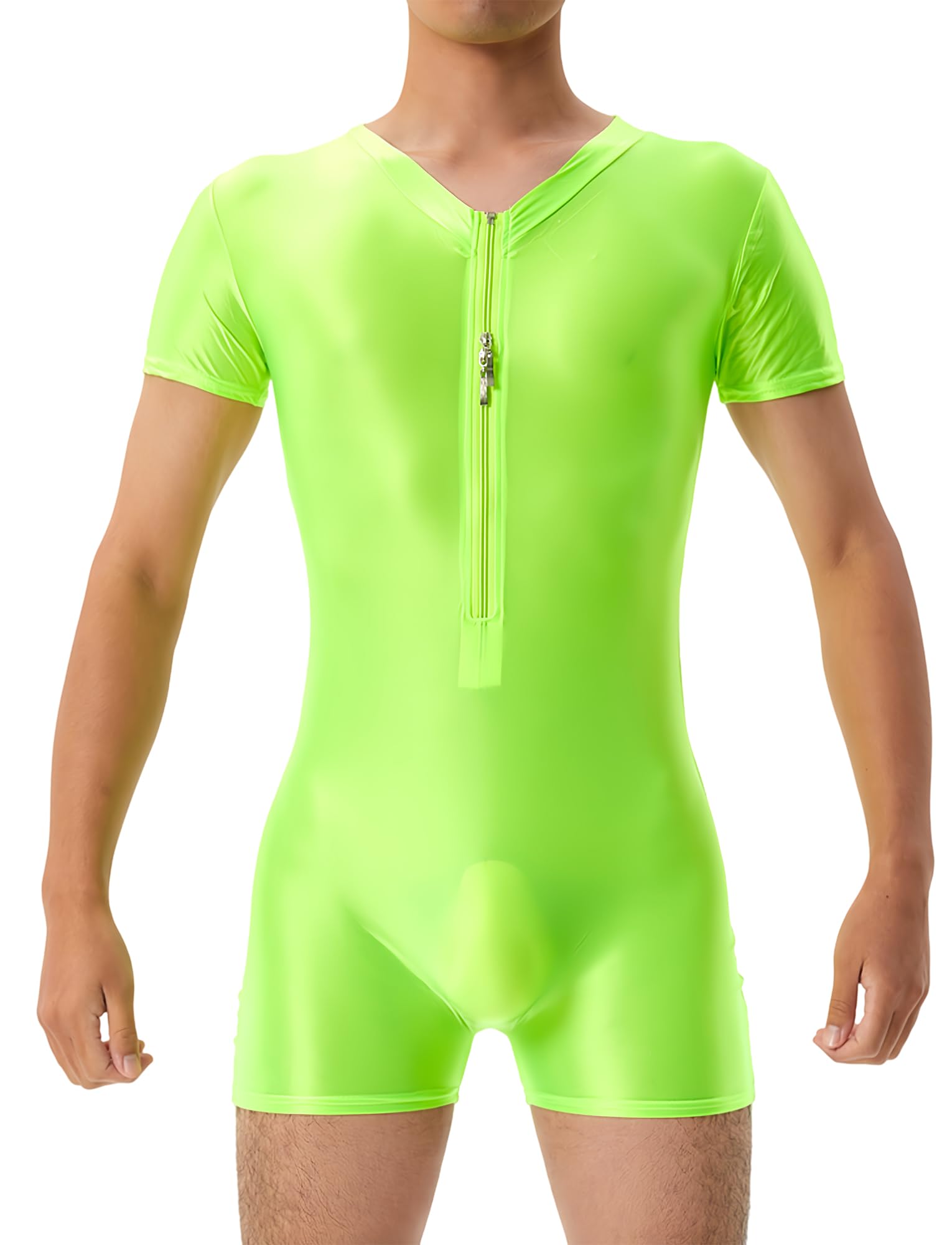 AIEOE Oil Shiny bodysuit for Men High Elastic Oil-shiny Wrestling Singlets Zip Front Leotard Boxer Shorts Basic Jumpsuit Loungewear