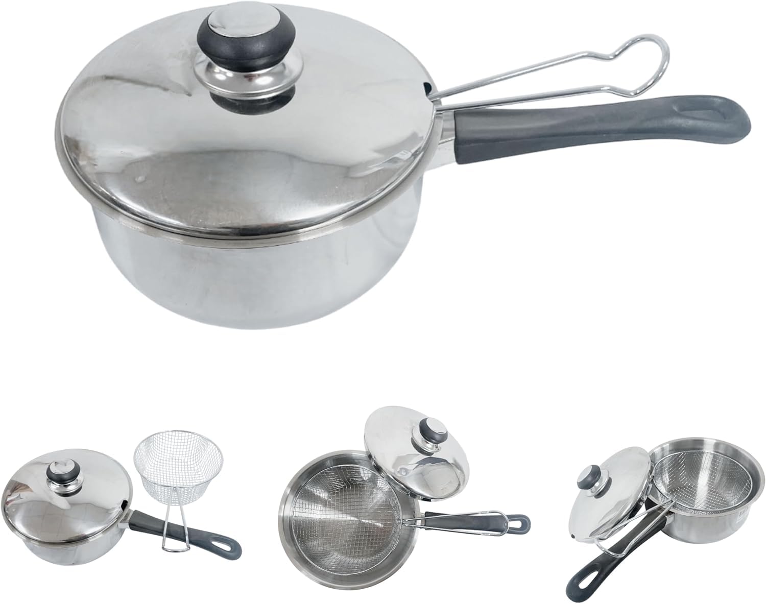 3pc 20cm Stainless Steel 3L Chip Pan - Chippan Fryer Pot with Lid & Basket Durable BNIB | Professional Food Cooking | Strong Wire Mesh Basket | Easy to Clean | Induction Base
