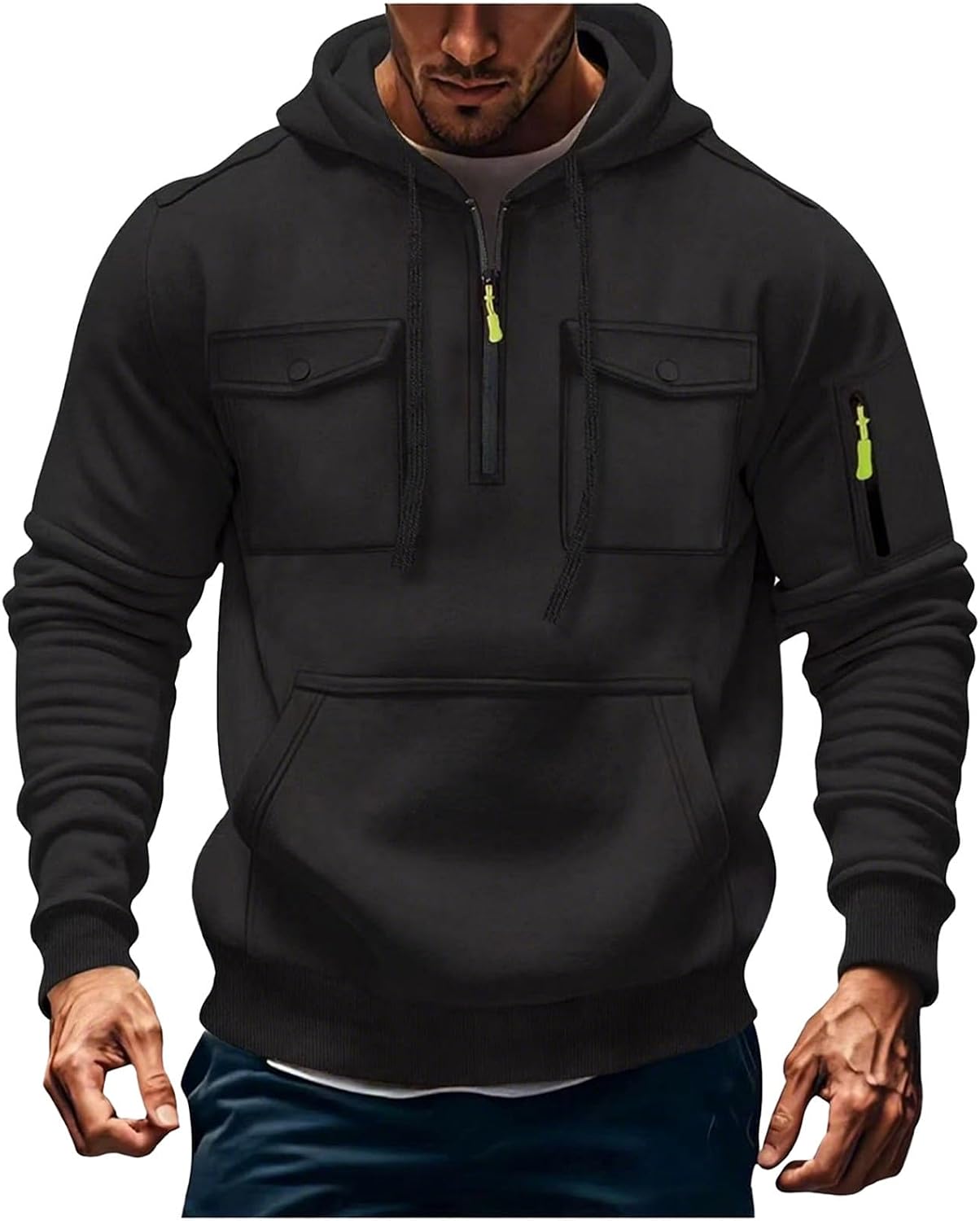 Men's Tactical Hoodies Quarter Zip Cargo Pullover Sweatshirt | Athletic Muscular Fit Tops, Dual Chest Flap Pockets, Neon Zipper Details, Utility Sleeve Storage, 2026 Fall Hoodies