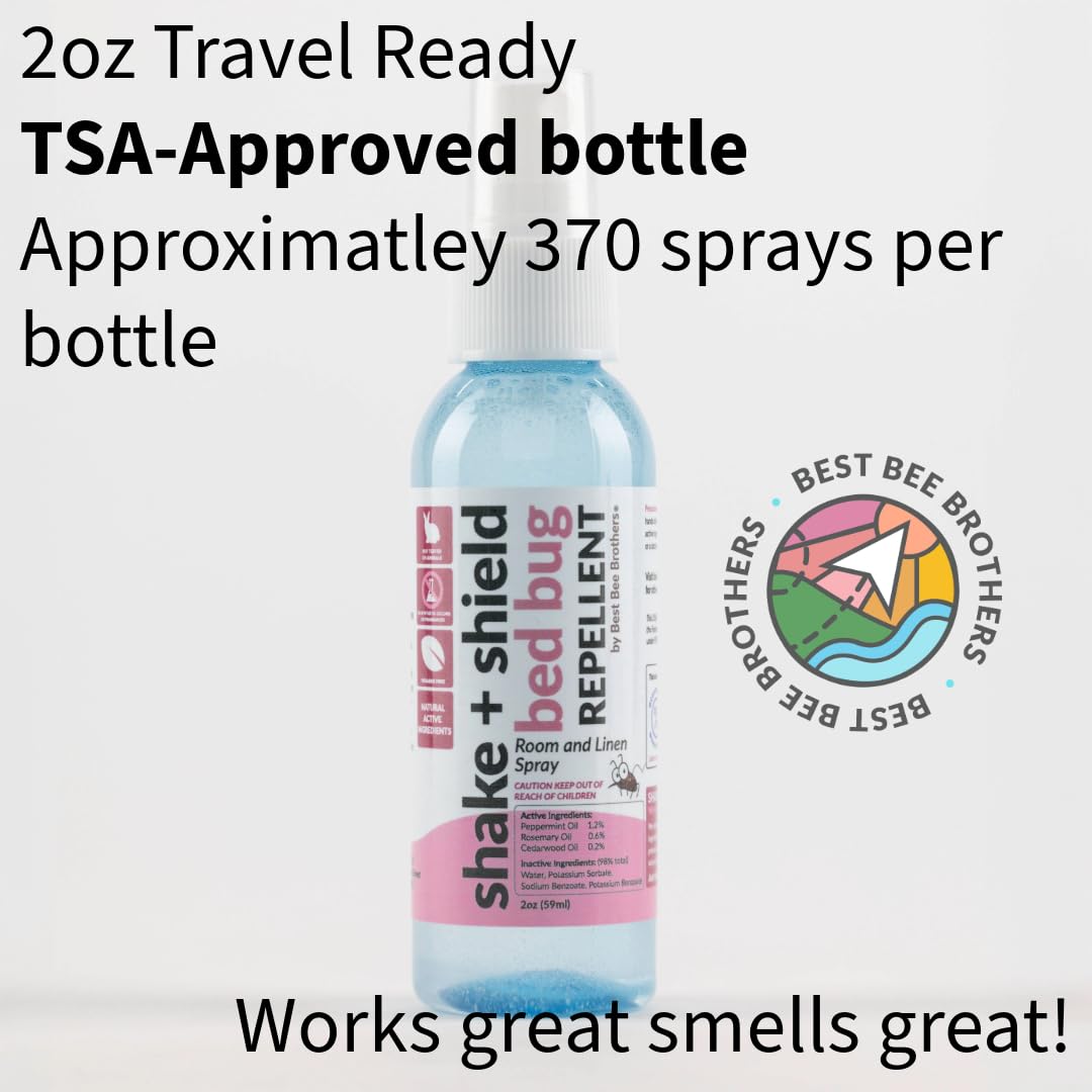 Shake + Shield Bed Bug Room and Linen Spray Natural Essential Oils TSA Travel Size 2oz Best Bee Brothers