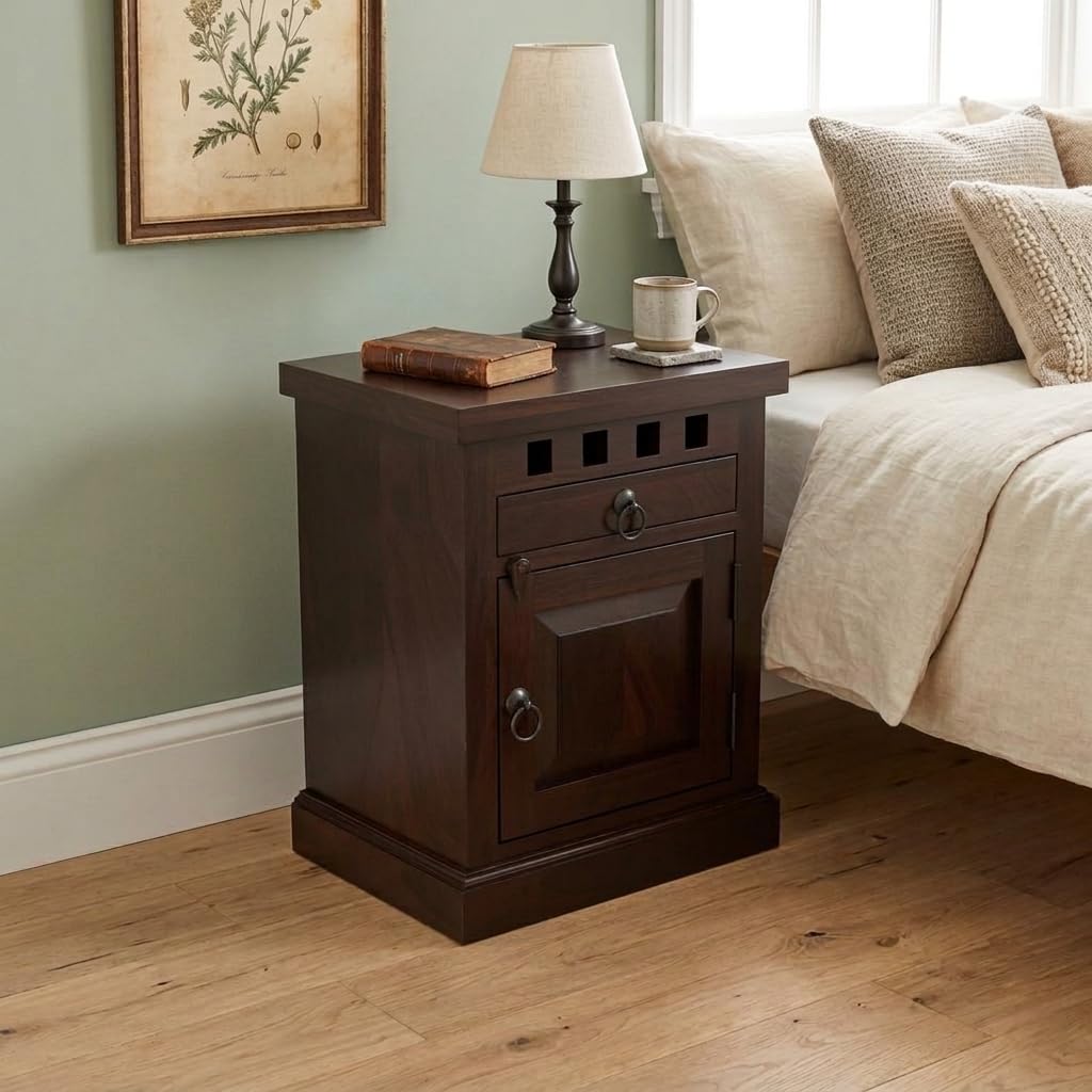 solid sheesham wood bedside table with drawer & cabinet | kuber design nightstand | wooden side table for bedroom, living room, hotel & guest room | premium walnut finish