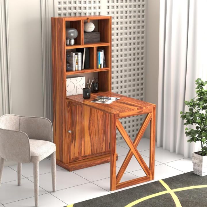 Image of SUNCOM Solid Sheesham Wood Foldable Study Table with Book Shelf - Wooden Study Table for Students StudyTable with Storage Computer Table for Home (Natural)