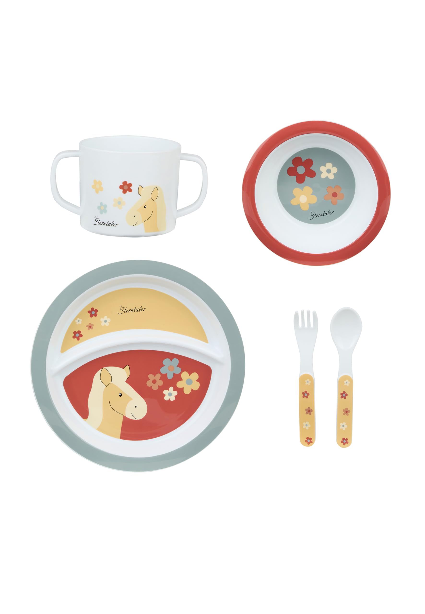 Sterntaler Geschirrset Pferd Sunny - Baby und Kinder Geschirr mit rutschfestem Sockel an Teller, Tasse und Becher - robustes Baby und Kindergeschirr aus lebensmittelechtem Material, mattrot