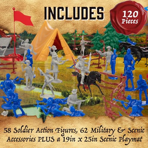 Civil War Army Men Toy Soldier Action Figure Deluxe Playset -120pc with Confederate & Union Soldiers, Cannons, Wagons, Rideable Horses, Terrain & Giant Playmat -Great for Kids Gifts, Classroom Diorama by SCS Direct - Image 2