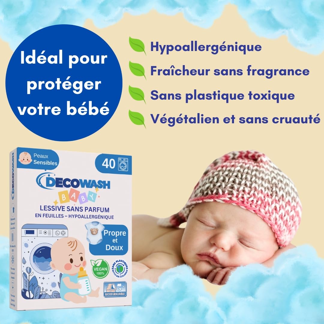 Lessive en Feuilles pour Bébé (400 Lavages) – Lessive Sans Parfum, Lessive Hypoallergénique, Lessive Écologique, 100% Biodégradable et Végan. Nettoyage Doux pour Peaux Sensibles. Sans Plastique.
