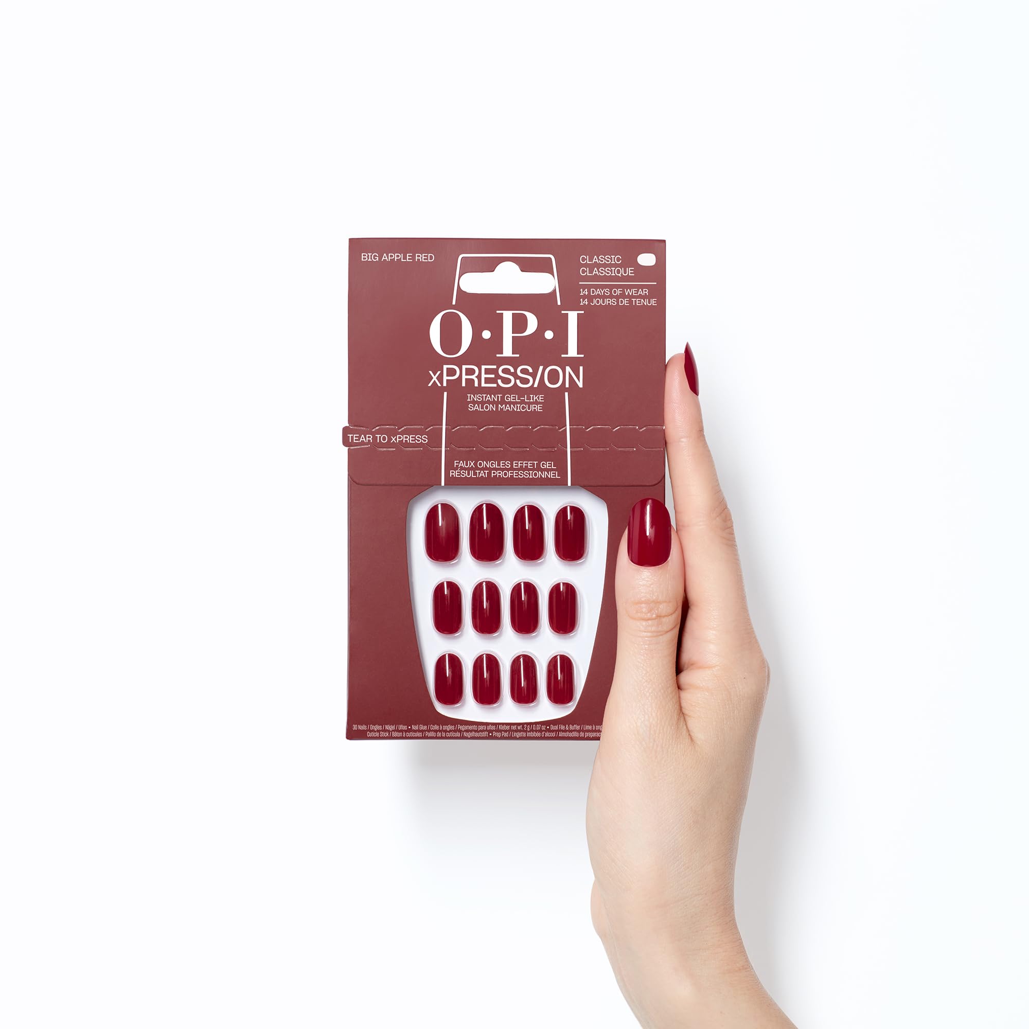 OPI xPRESS/ON - Faux ongles effet gel, tenue jusqu'à 14 jours - Kit incluant 30 faux ongles, 1 lime doule face, 1 stick de colle, 1 bâtonnet cuticules et 1 lingette nettoyante