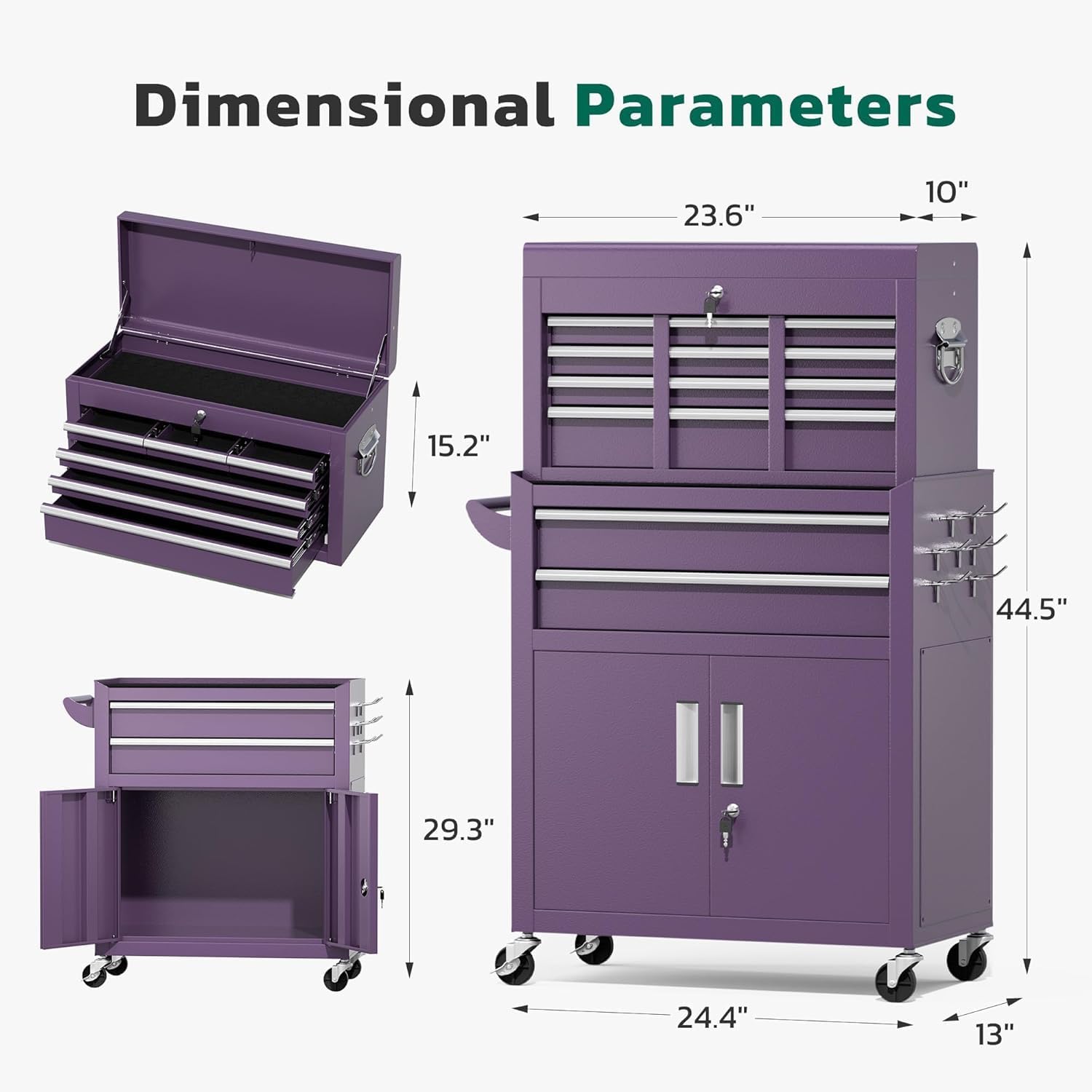 Greenvelly 8-Drawer Rolling Tool Chest, Metal Tool Chest with Wheels, Rolling Tool Box with Detachable Top Tool Box, Metal Tool Cart with Liner & Hooks for Garage, Workshop, Warehouse, Purple