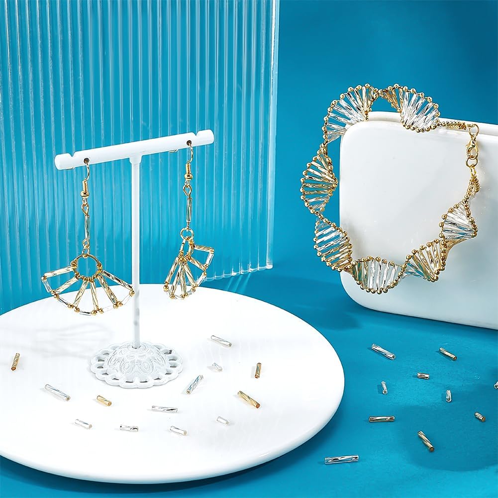 PH PandaHall 1600Pcs 4 Sizes Glass Bugle Beads, Golden Long Tube Seed Bead 5/6/9/12x2mm Loose Spacer Bead with 0.5mm Round Hole for Earring Bracelet Neckalce Jewelry DIY Craft Making Dress Decor - Image 4