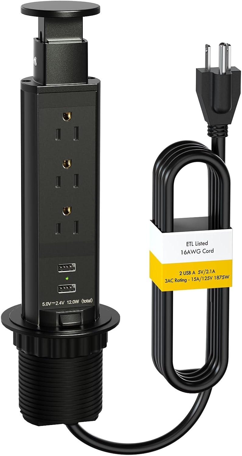 Pop Up Electrical Outlet for Countertop, Recessed Power Strip with 3 AC Outlet & 2 USB Ports,2.5" Hole Pull Pop Up Socket Hidden Outlets, Pop Out Power Outlet for Kitchen Counter Conference Desk