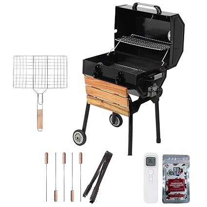 Peng Essentials Flame Master Pro Premium Charcoal BBQ Grill Set | Large Cooking Area, Easy Assembly, Warming Rack | Includes Skewers, Tong, Brush, Thermometer & Spices (Black)