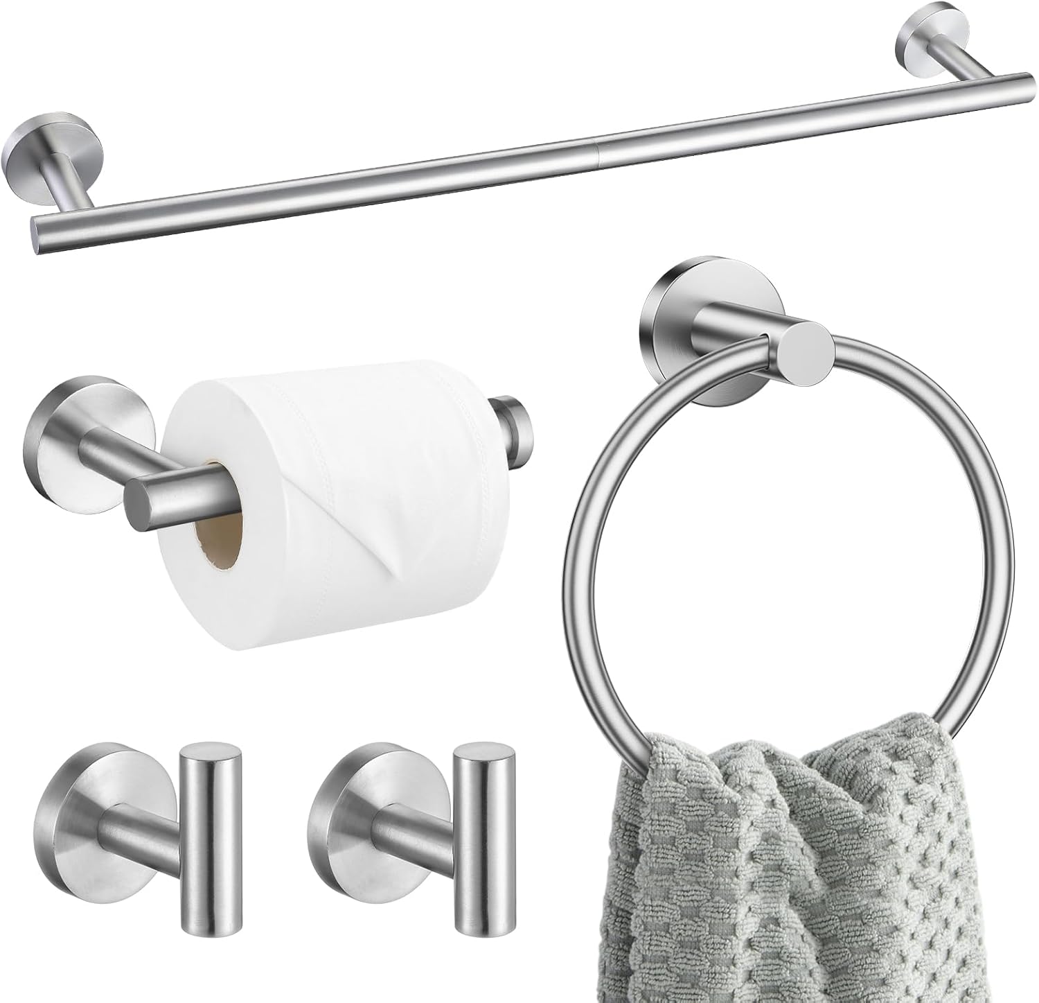 5 Pieces Brushed Nickel Bathroom Hardware Accessories Set SUS304 Stainless Steel Towel Bar Holder Set, 23.6Inch Towel Racks for Bathroom, Robe Towel Hooks, Toilet Paper Holder Wall Mounted