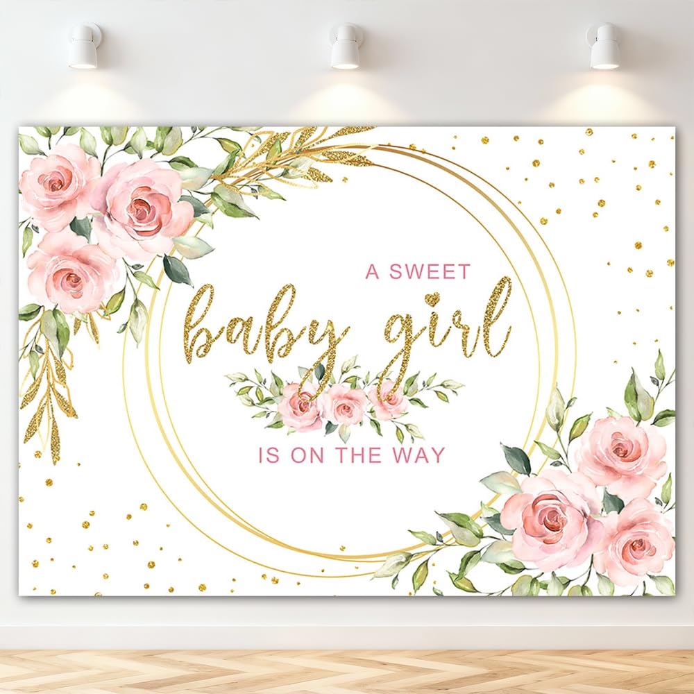 Mocsicka Floral Sweet Girl Baby Shower Backdrop It's a Girl Baby Shower Background Watercolor Pink Party Cake Table Decoration Photo Booth Props (